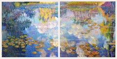 Vintage Diptych Water Lilies-original impressionist landscape painting-contemporary Art 