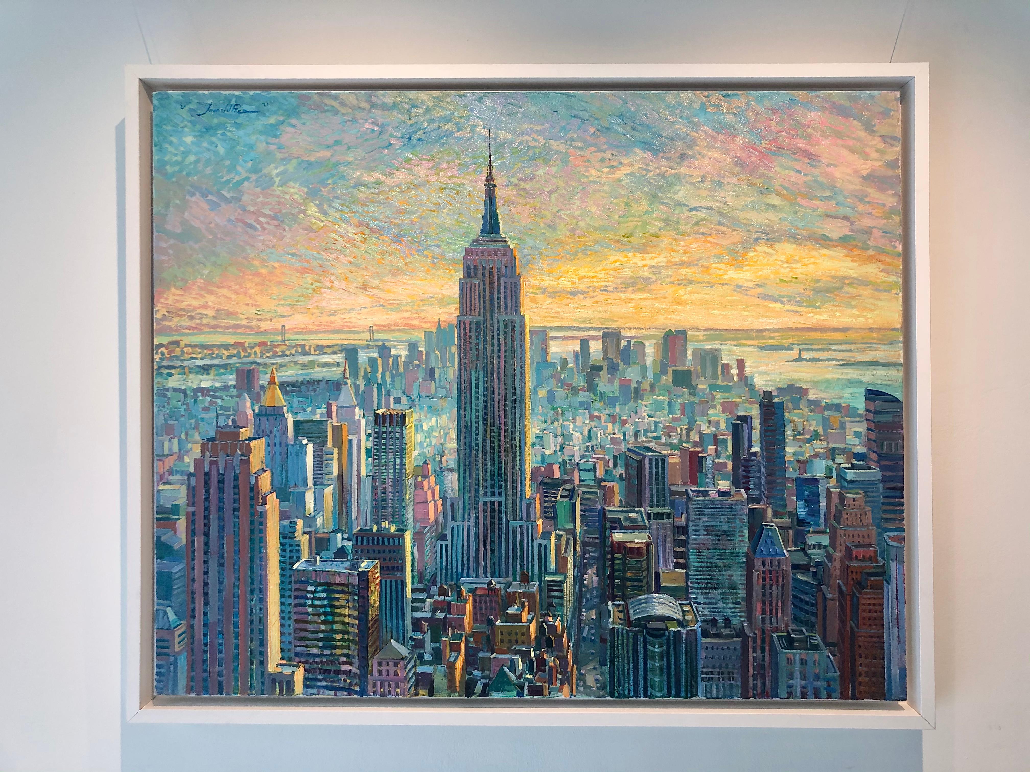 Empire State Building - original cityscape landscape oil artwork Contemporary - Painting by Juan del Pozo