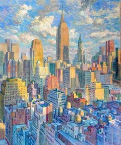 Empire State Colors original Oil Painting, Impressionist NYC Skyline, Signed