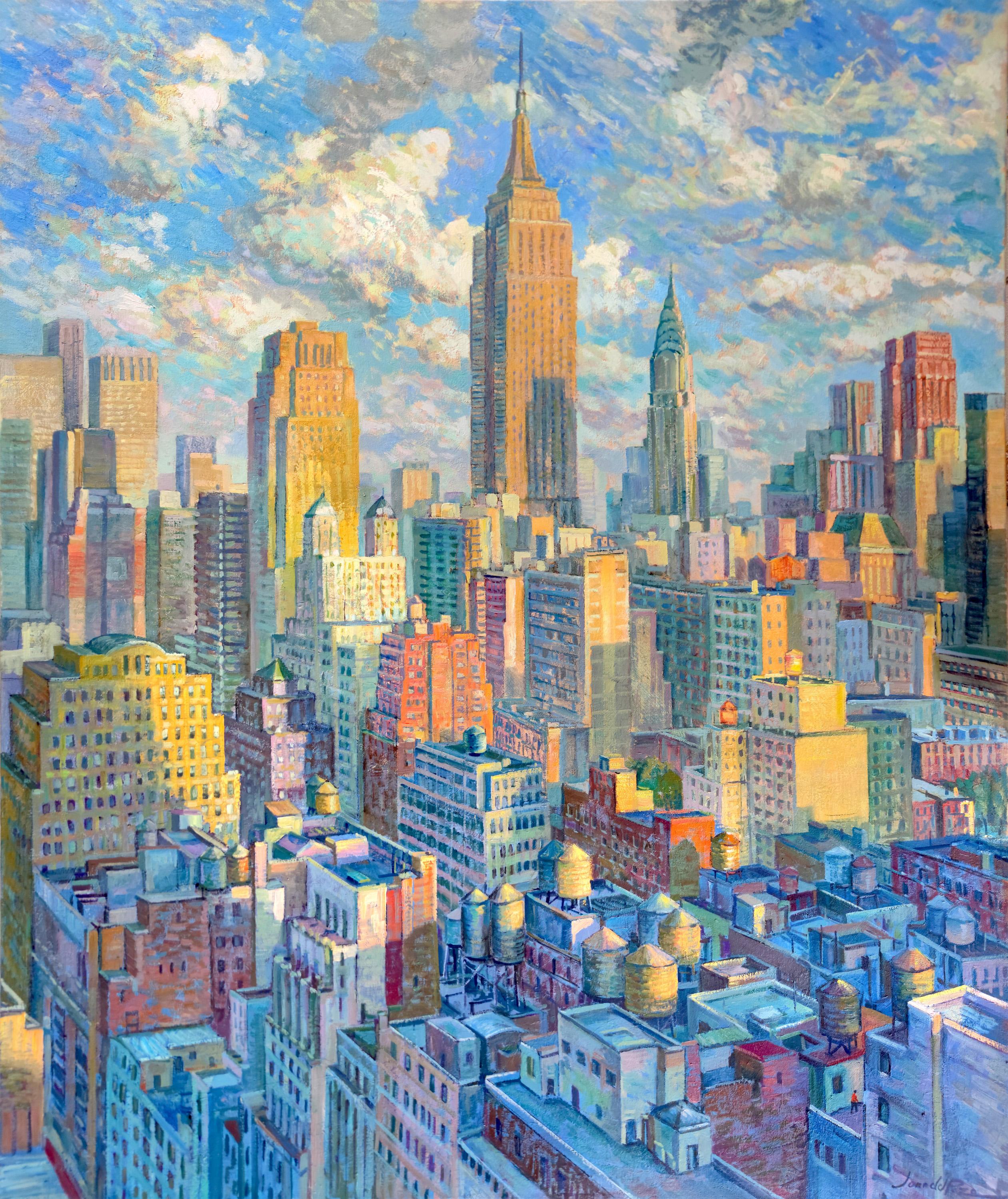 Juan del Pozo Landscape Painting - Empire State Colors-original panorama cityscape oil painting-contemporary art 