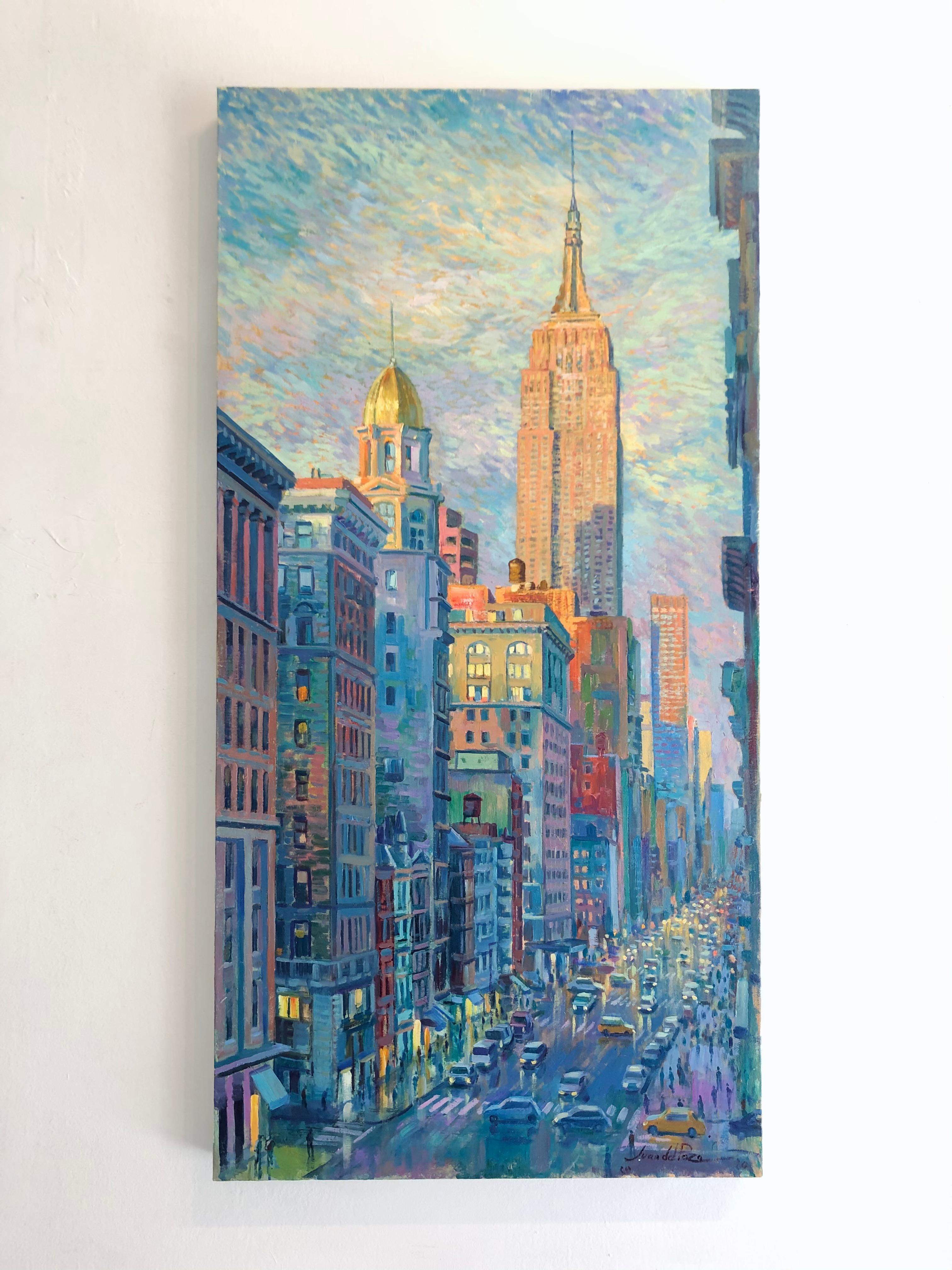 Empire State Street-original impressionism cityscape oil painting-modern Art - Painting by Juan del Pozo