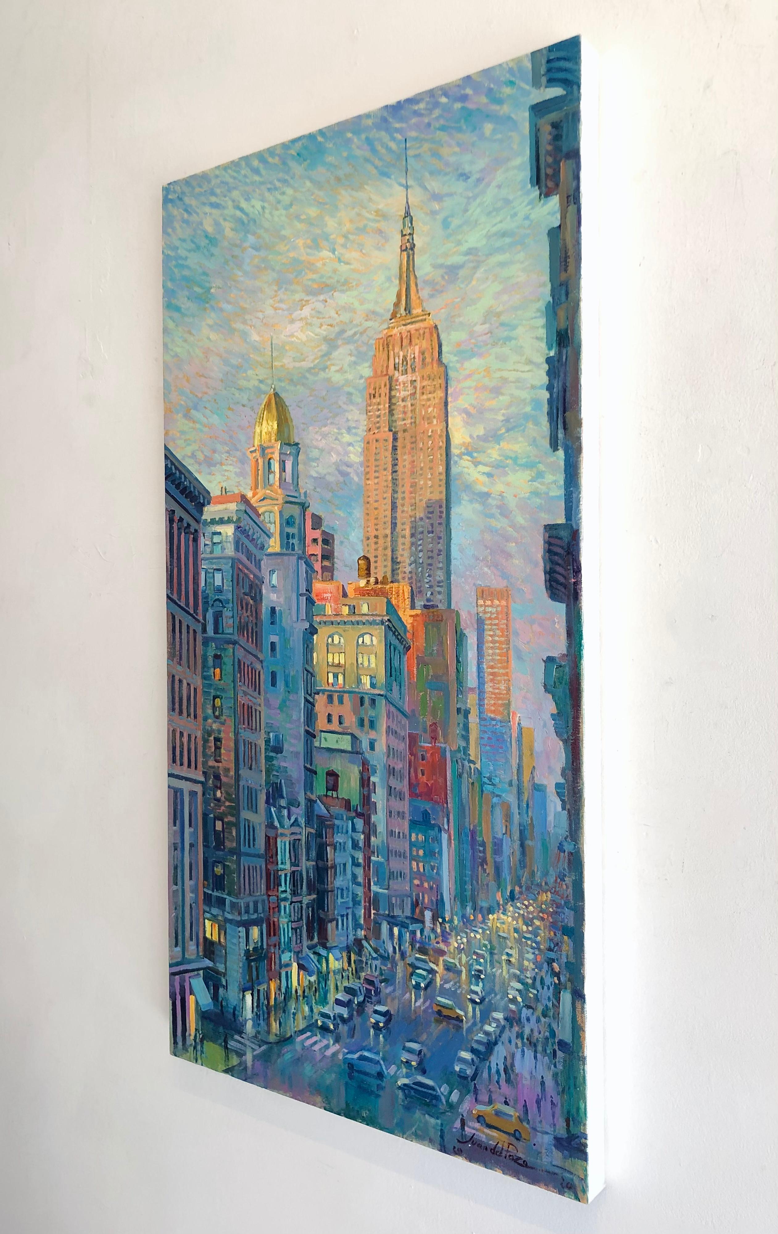 Empire State Street impressionniste - paysage urbain original - peinture à l'huile - art moderne - Post-impressionnisme Painting par Juan del Pozo