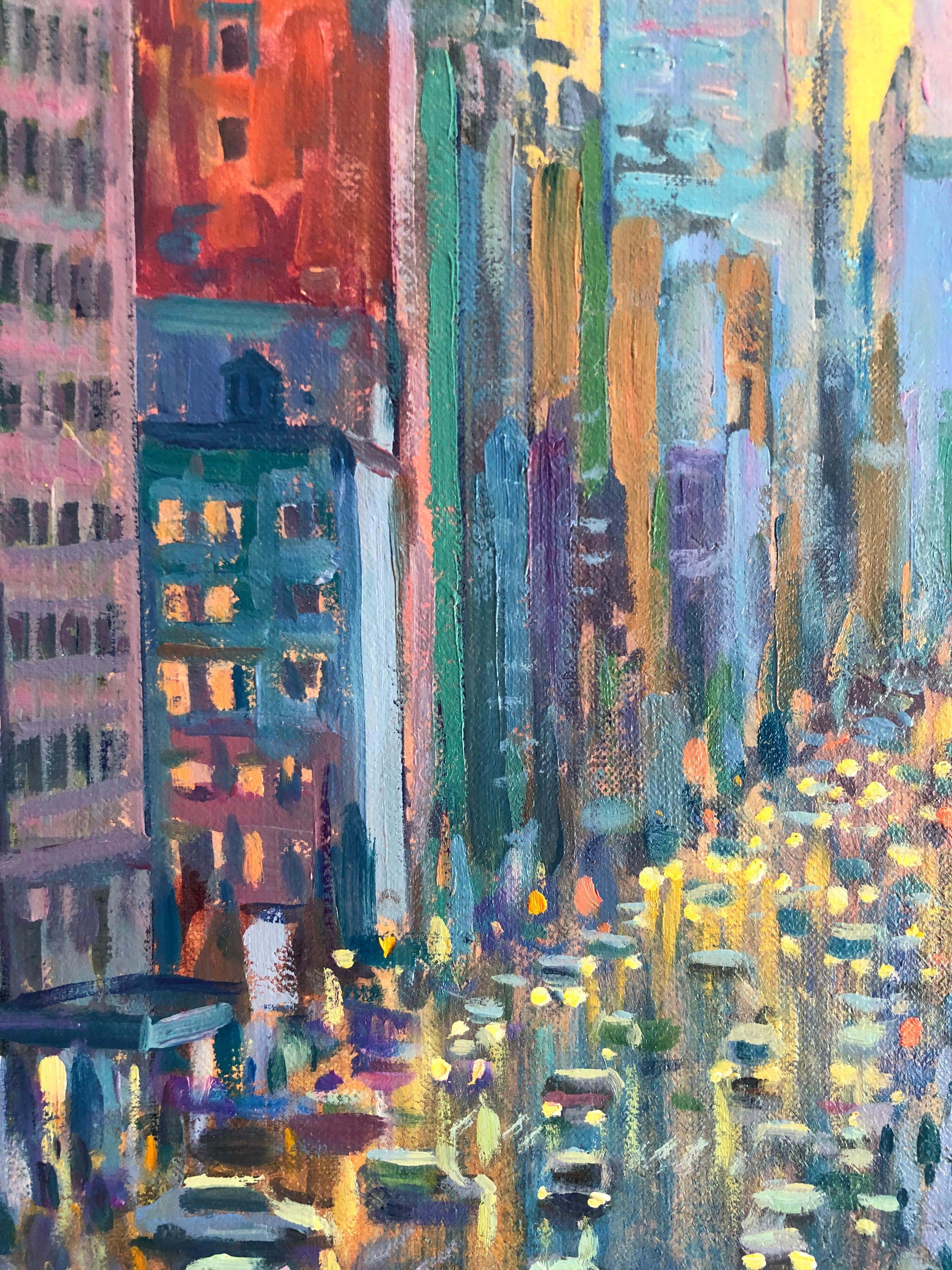 Empire State Street-original impressionism cityscape oil painting-modern Art - Gray Landscape Painting by Juan del Pozo
