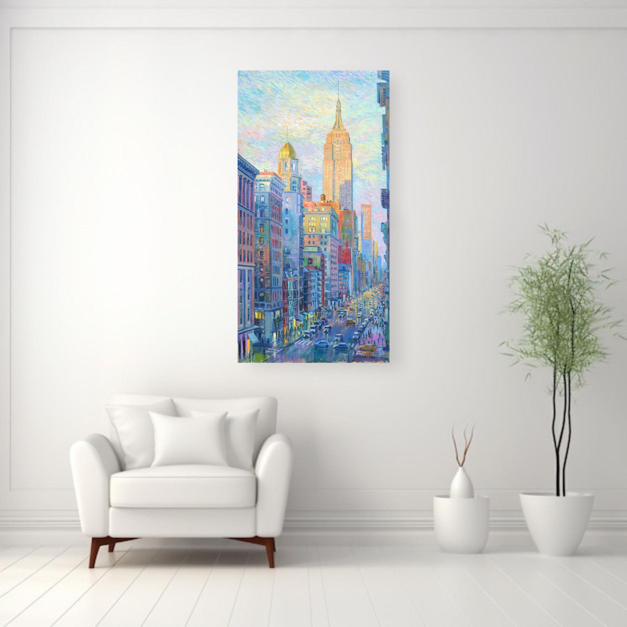 Empire State Street impressionniste - paysage urbain original - peinture à l'huile - art moderne en vente 2