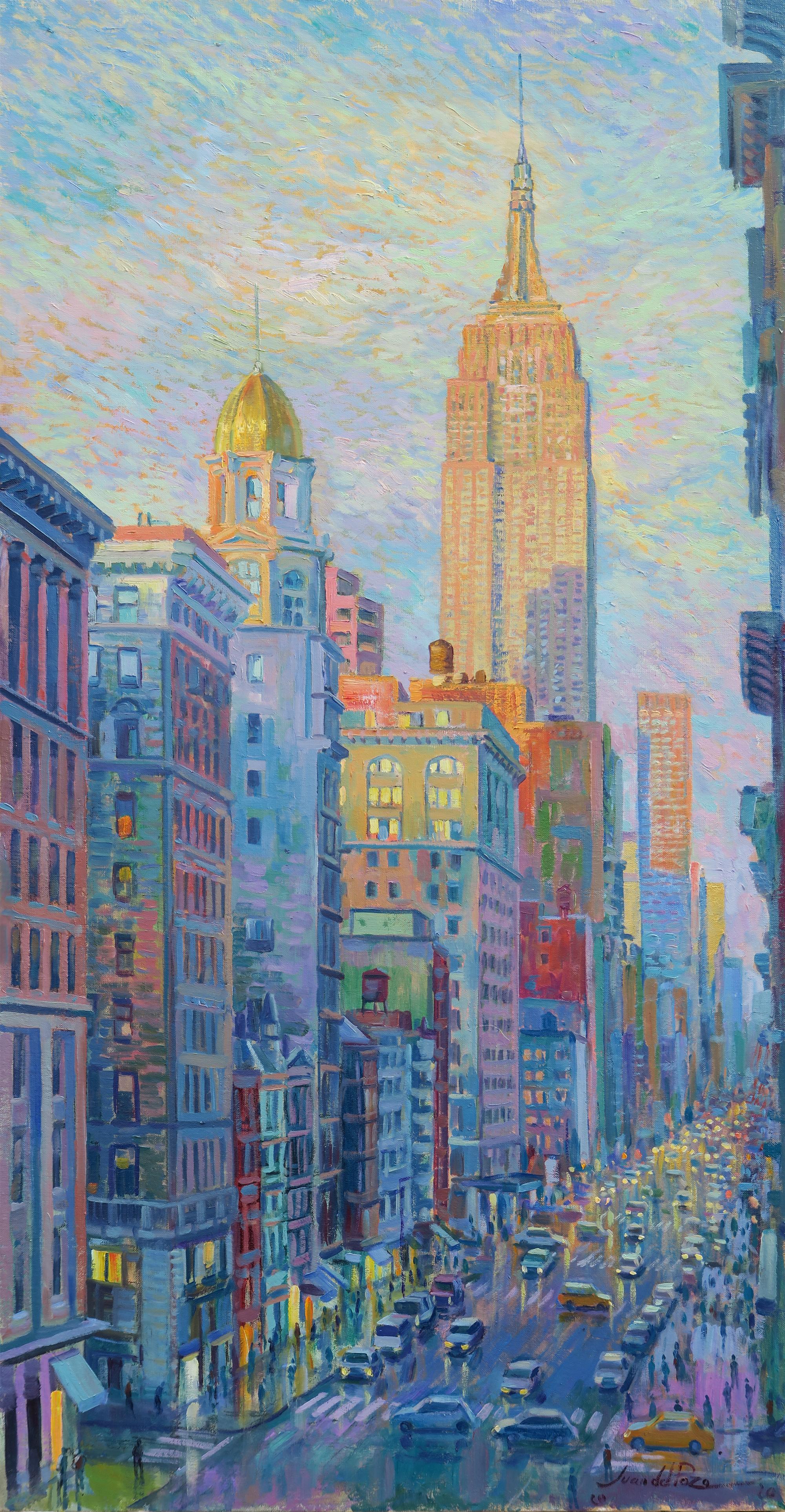 Juan del Pozo Landscape Painting - Empire State Street-original impressionism cityscape oil painting-modern Art