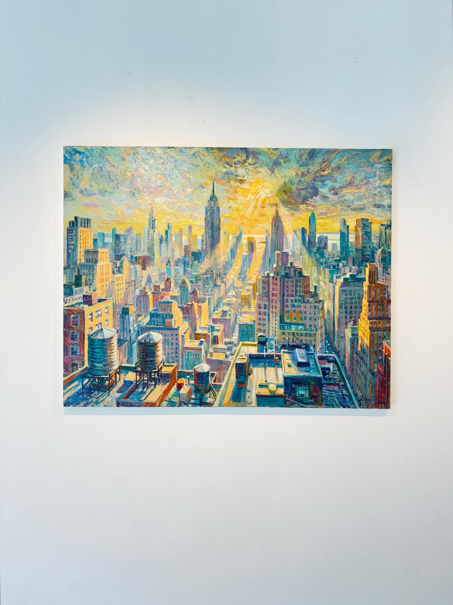 Flying NYC -panorama original paisaje urbano impresionismo pintura-arte contemporáneo - Painting de Juan del Pozo