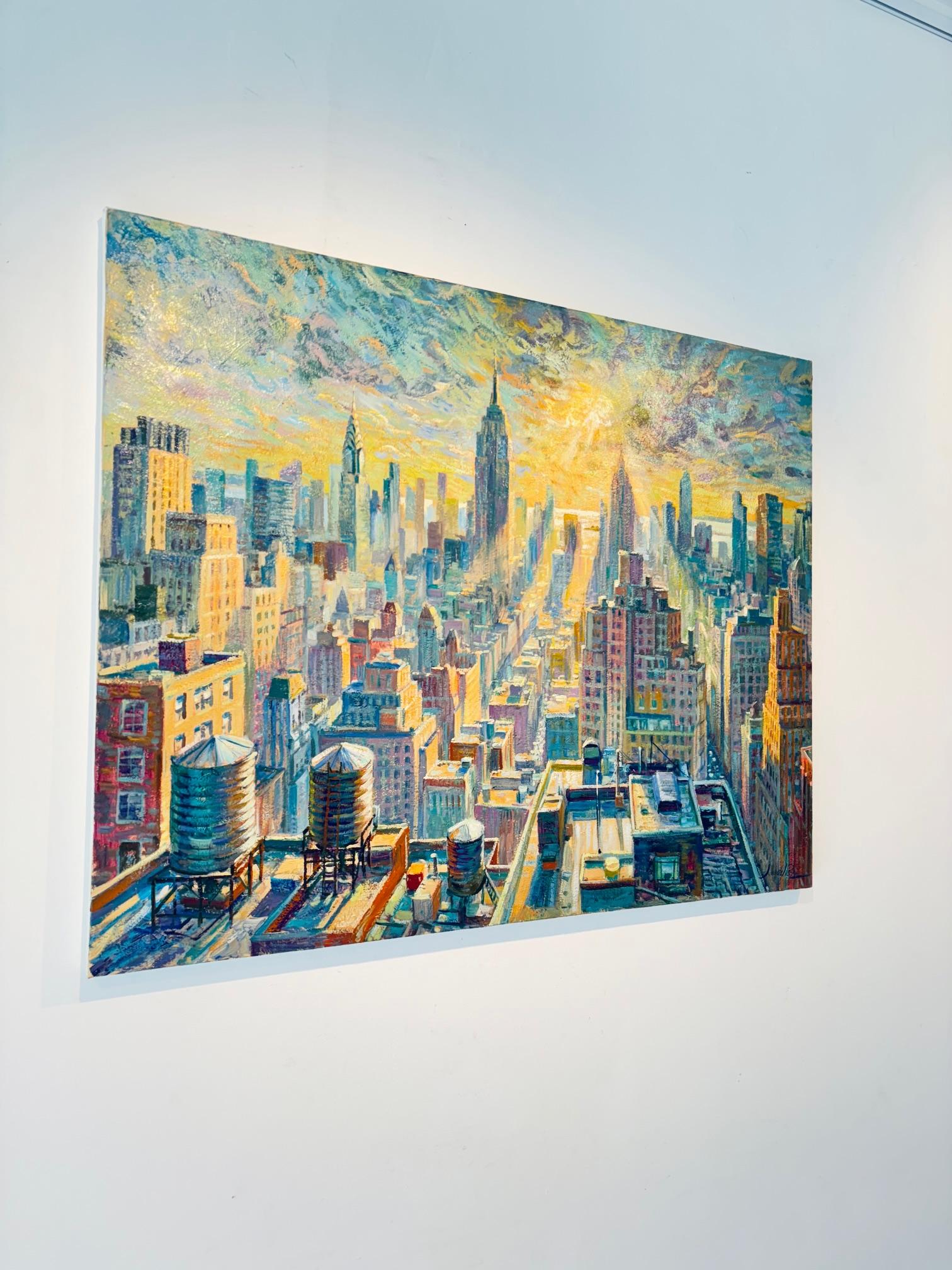 Flying NYC -panorama original paisaje urbano impresionismo pintura-arte contemporáneo - Painting Impresionista de Juan del Pozo