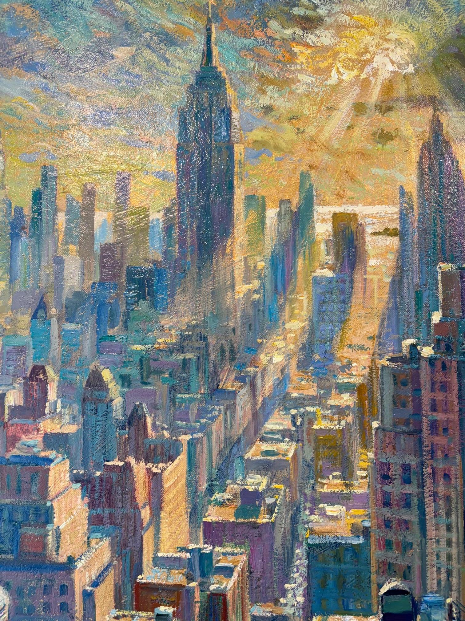 Flying NYC -panorama original paisaje urbano impresionismo pintura-arte contemporáneo - Figurative Painting Gris de Juan del Pozo
