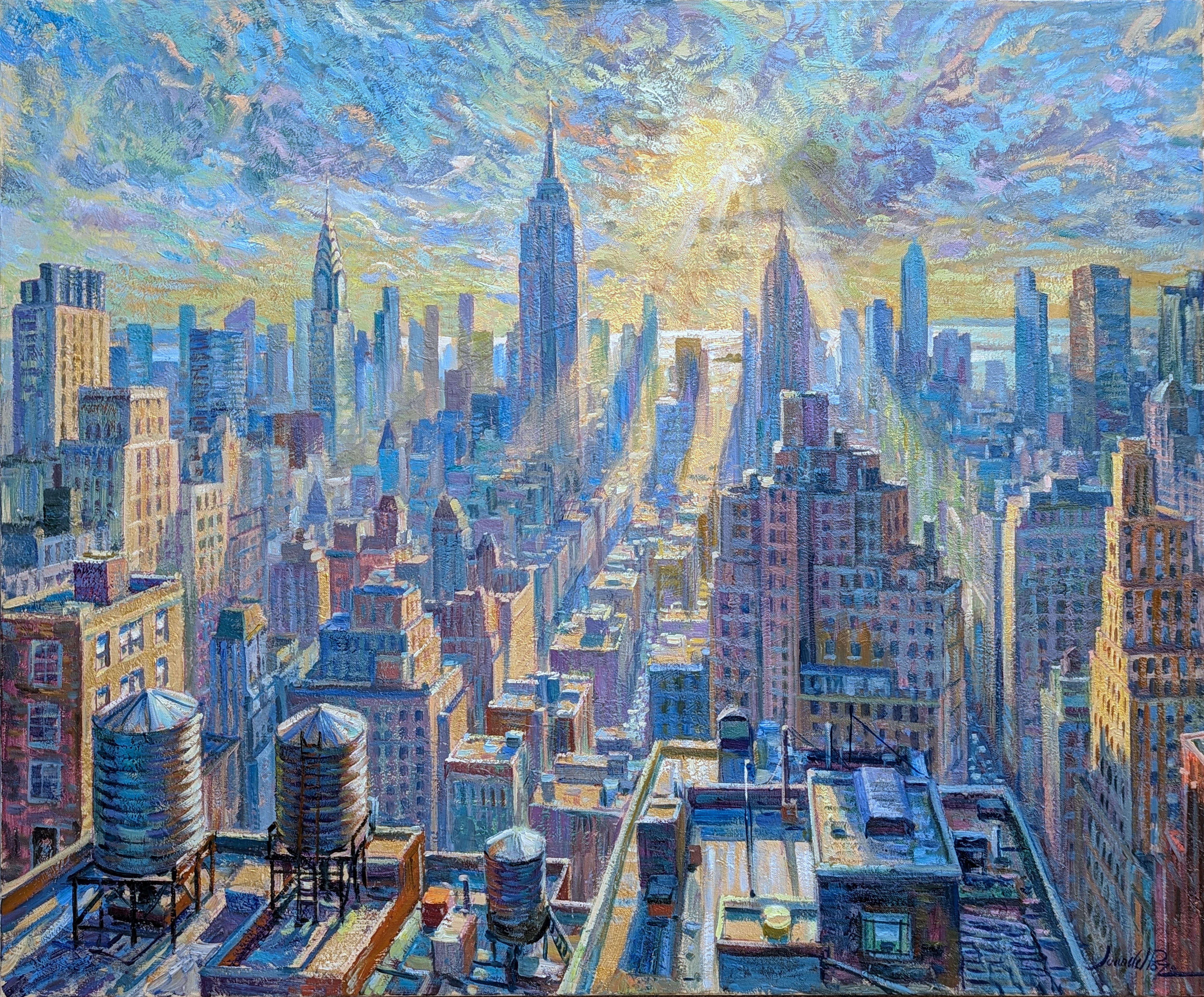 Figurative Painting de Juan del Pozo - Flying NYC -panorama original paisaje urbano impresionismo pintura-arte contemporáneo
