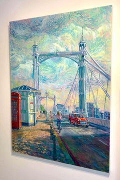 Framed Signed - Original Impressionist Oil Painting of Albert Bridge, 120x90 cm