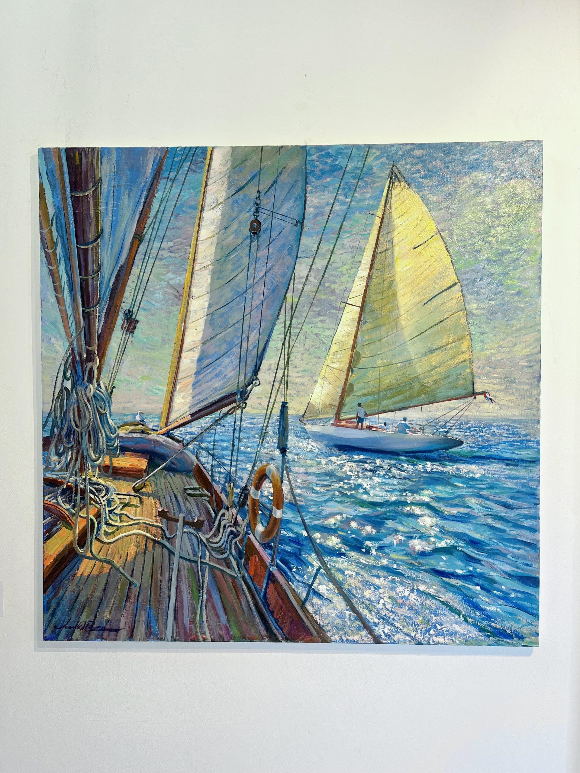Golden Deck-original impressionism seascape sail oil painting-contemporary art - Painting by Juan del Pozo