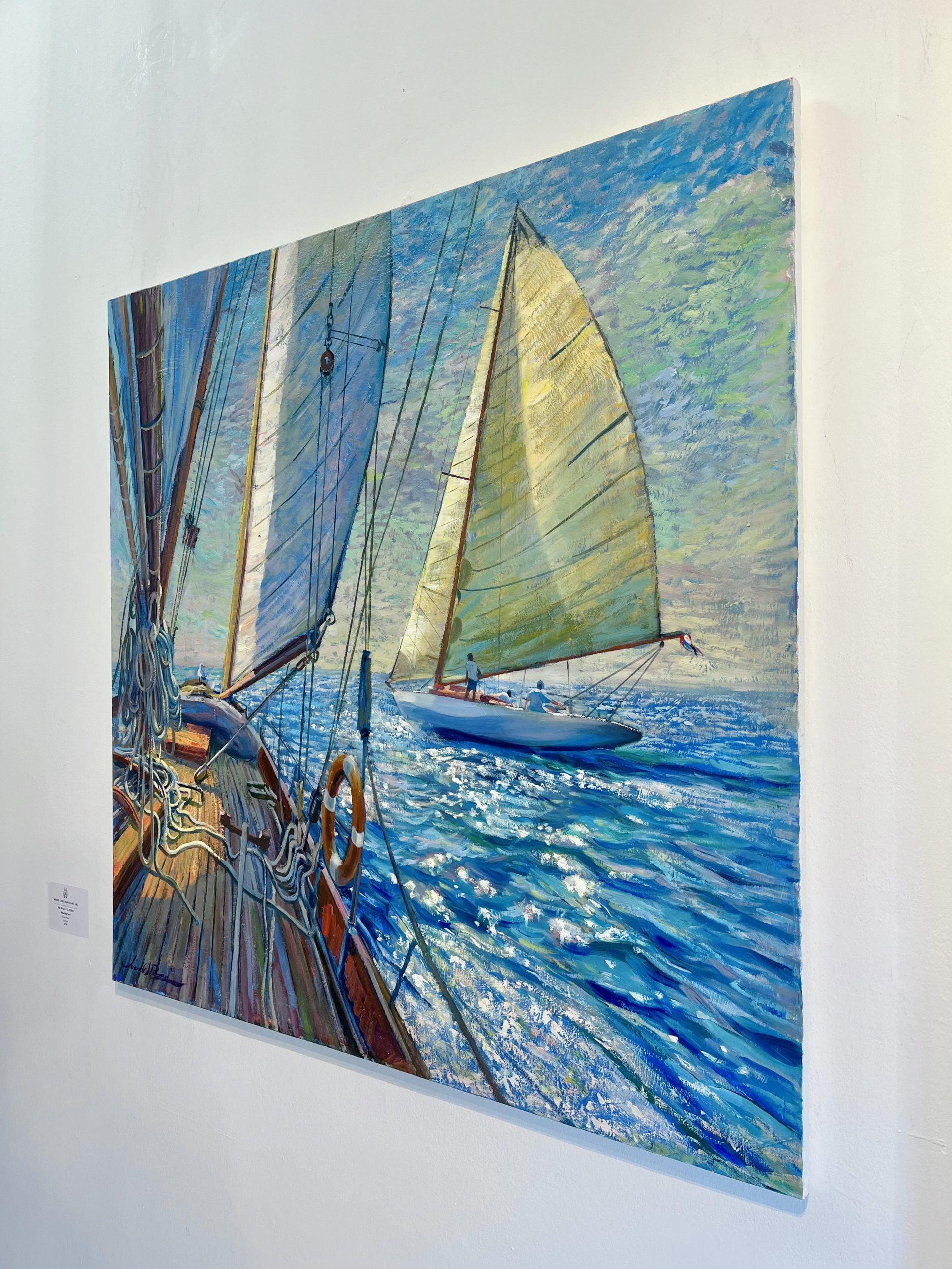 Golden Deck-original impressionism seascape sail oil painting-contemporary art - Impressionist Painting by Juan del Pozo