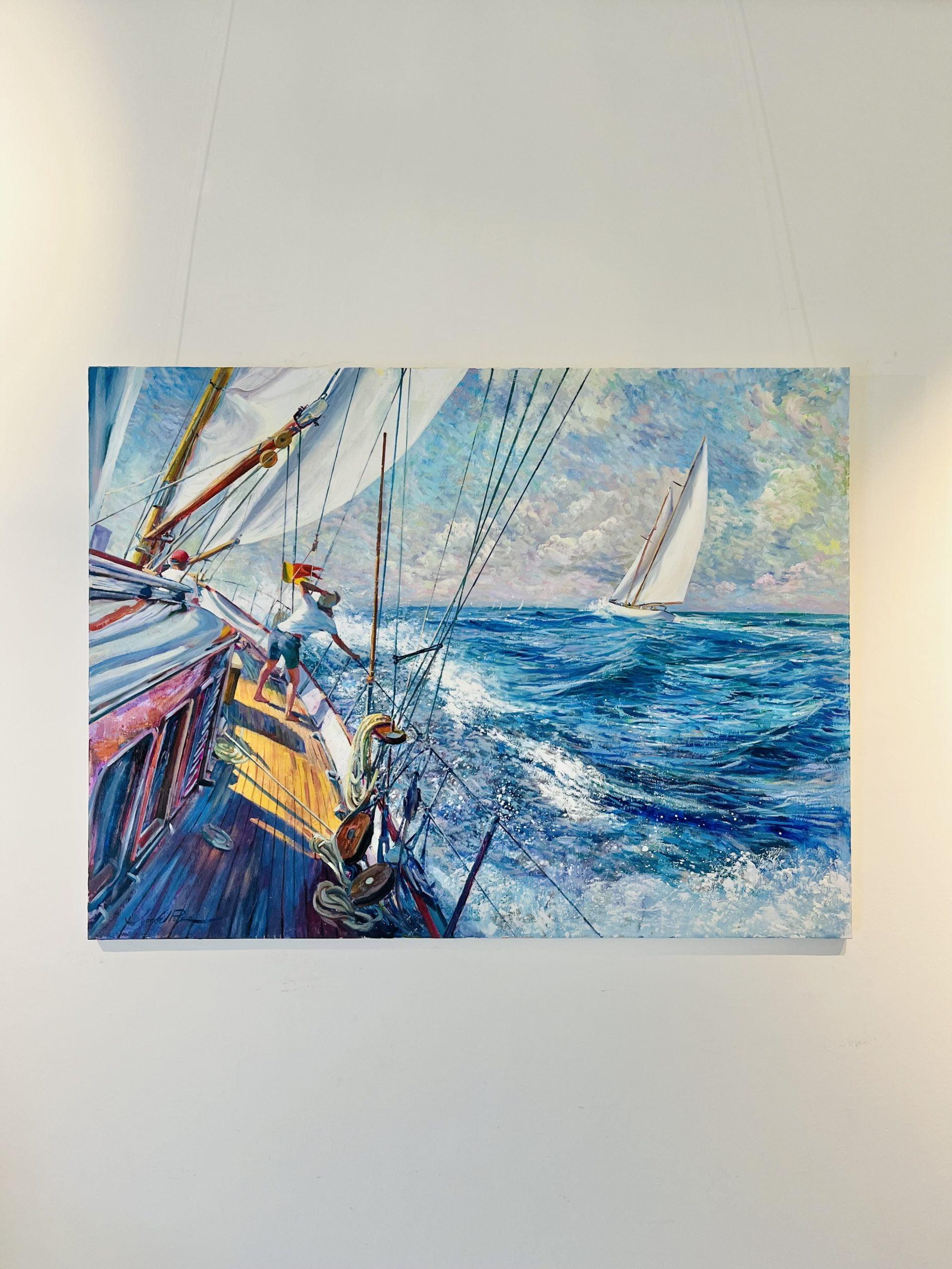 Golden Deck-original impressionism seascape sail oil painting-contemporary art - Impressionist Painting by Juan del Pozo