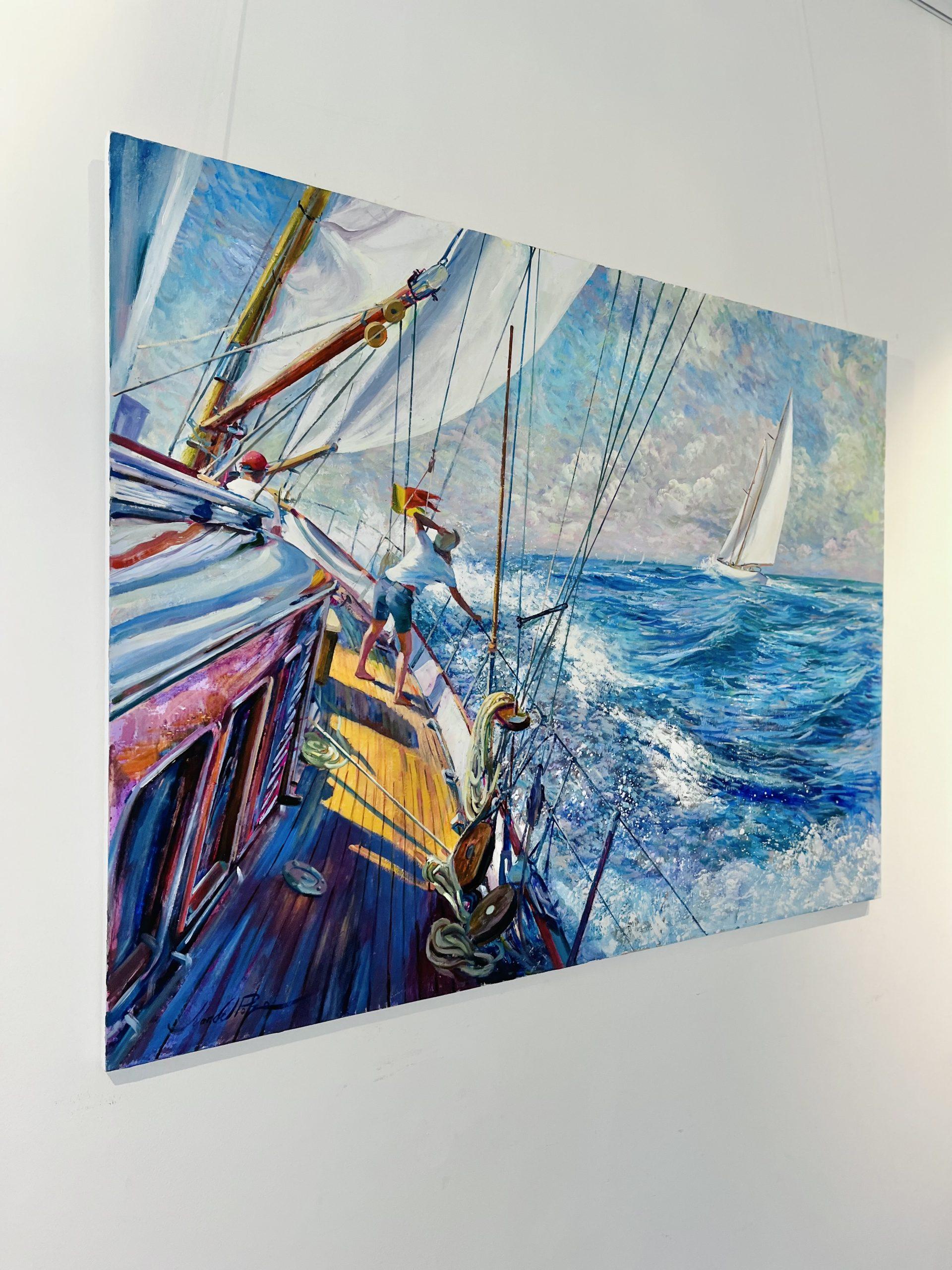 Golden Deck-original impressionism seascape sail oil painting-contemporary art - Blue Landscape Painting by Juan del Pozo