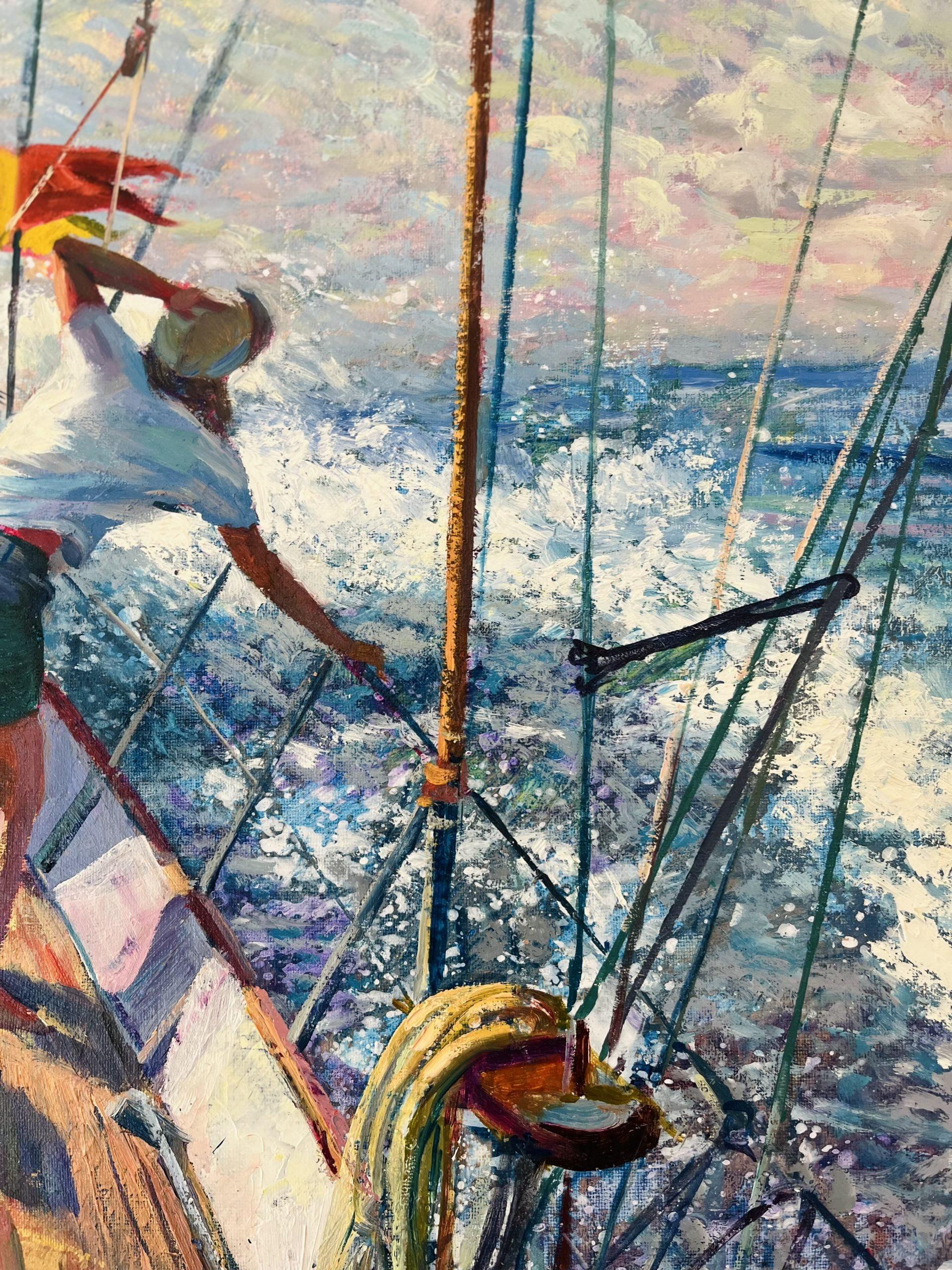 Cubierta dorada-impresionismo original paisaje marino vela pintura al óleo-arte contemporáneo en venta 1