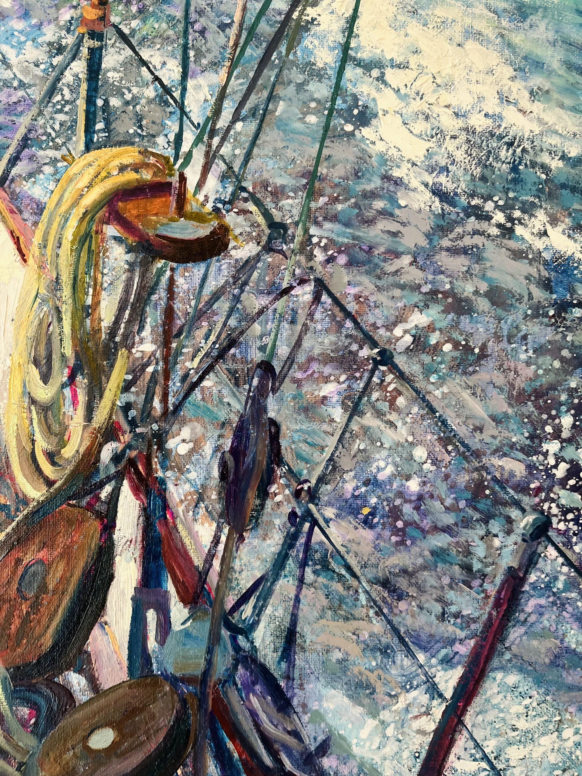 Cubierta dorada-impresionismo original paisaje marino vela pintura al óleo-arte contemporáneo en venta 2