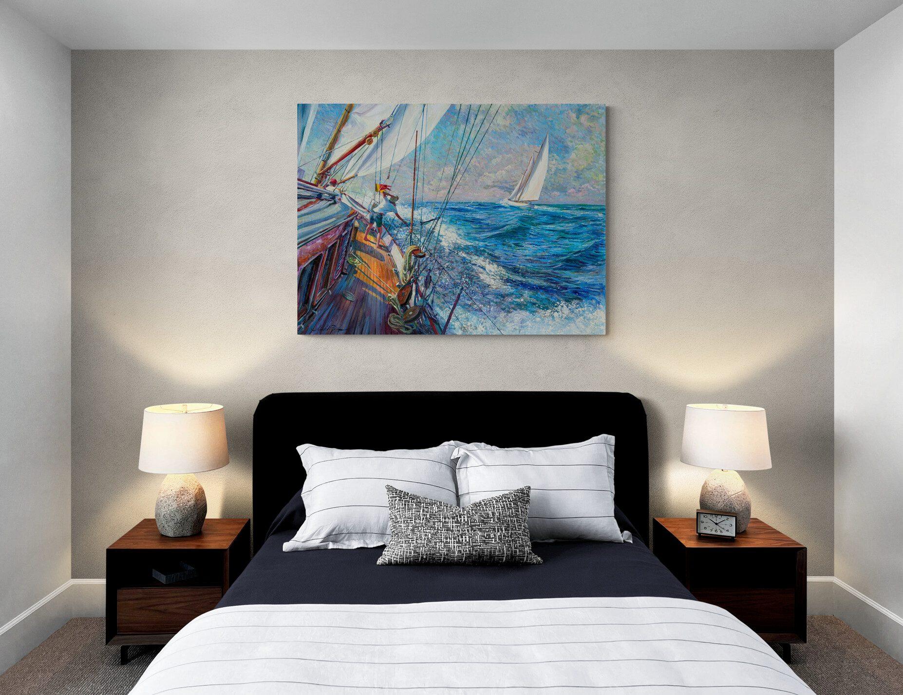 Cubierta dorada-impresionismo original paisaje marino vela pintura al óleo-arte contemporáneo en venta 3