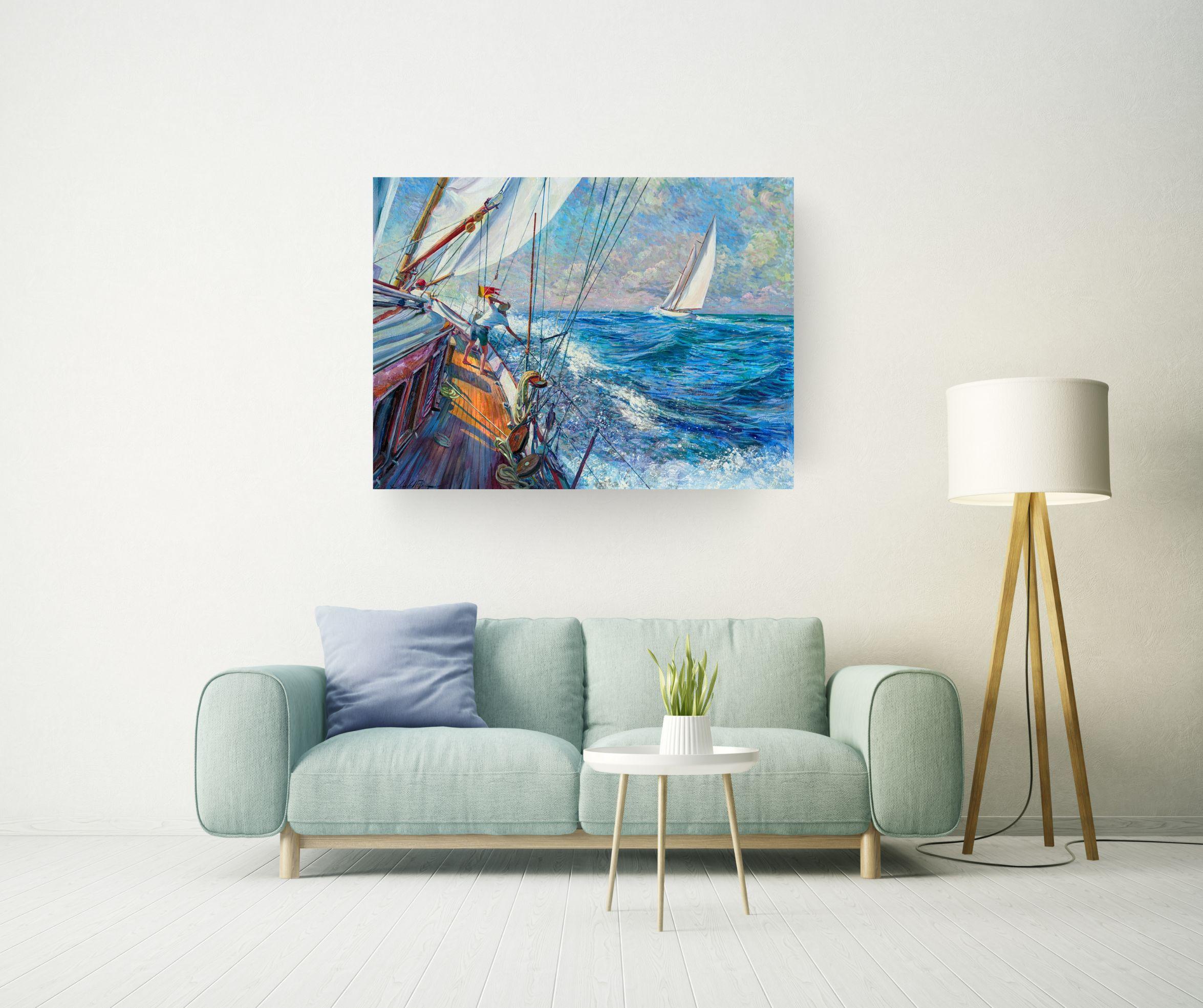 Golden Deck-original impressionism seascape sail oil painting-contemporary art For Sale 3