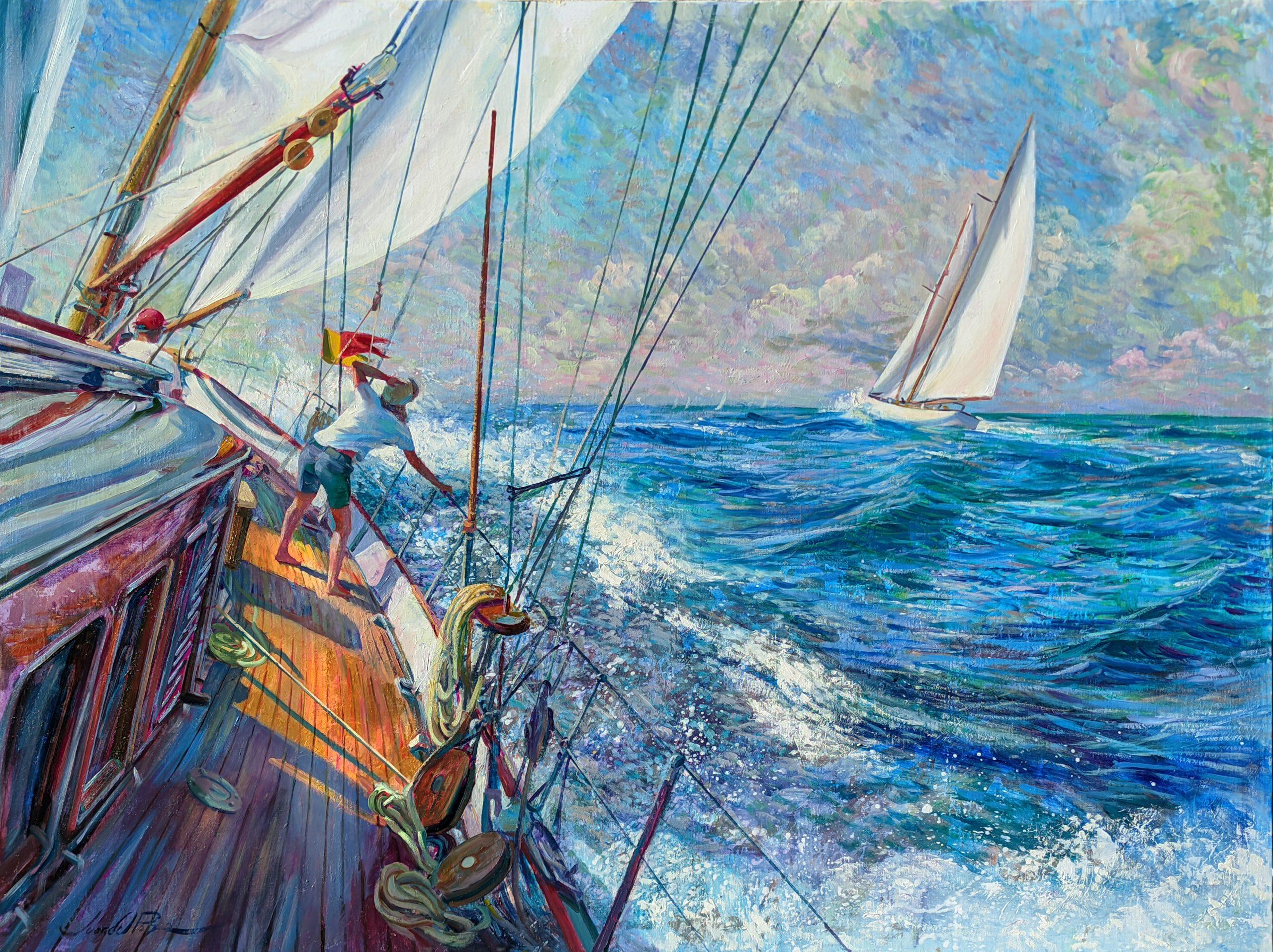 Juan del Pozo Landscape Painting - Golden Deck-original impressionism seascape sail oil painting-contemporary art
