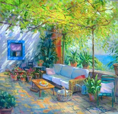 Goldene Blätter – Original Ölgemälde, mediterrane Interieur- Meereslandschaft, Ölgemälde-moderne Kunst