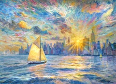 Golden Sails – Original Meereslandschaft Kunst – impressionistisches Ölgemälde mit Stadtansichten