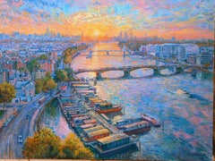 Golden Thames Glow - original cityscape oil painting-contemporary artwork