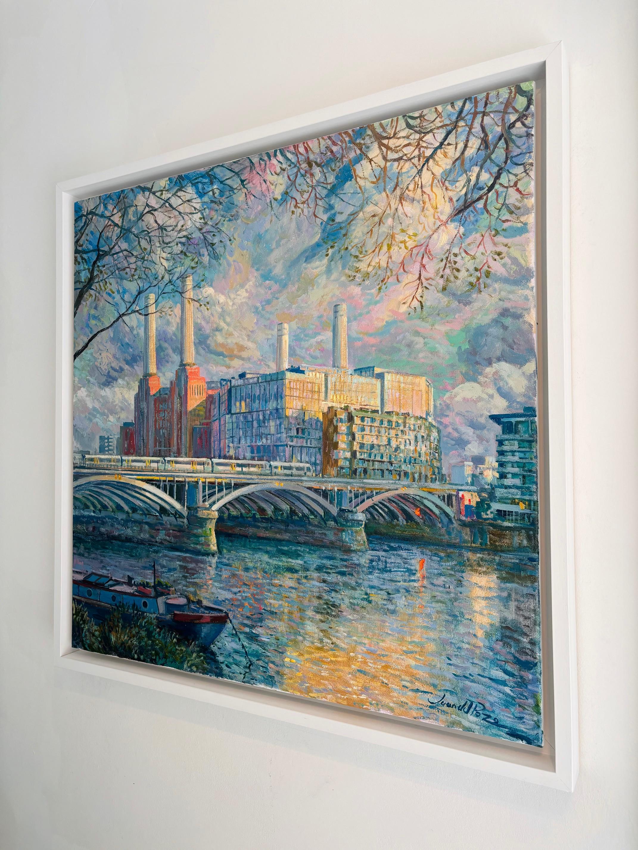 Grosvenor Bridge - peinture à l'huile originale impressionniste figurative de paysage urbain - Bleu Landscape Painting par Juan del Pozo