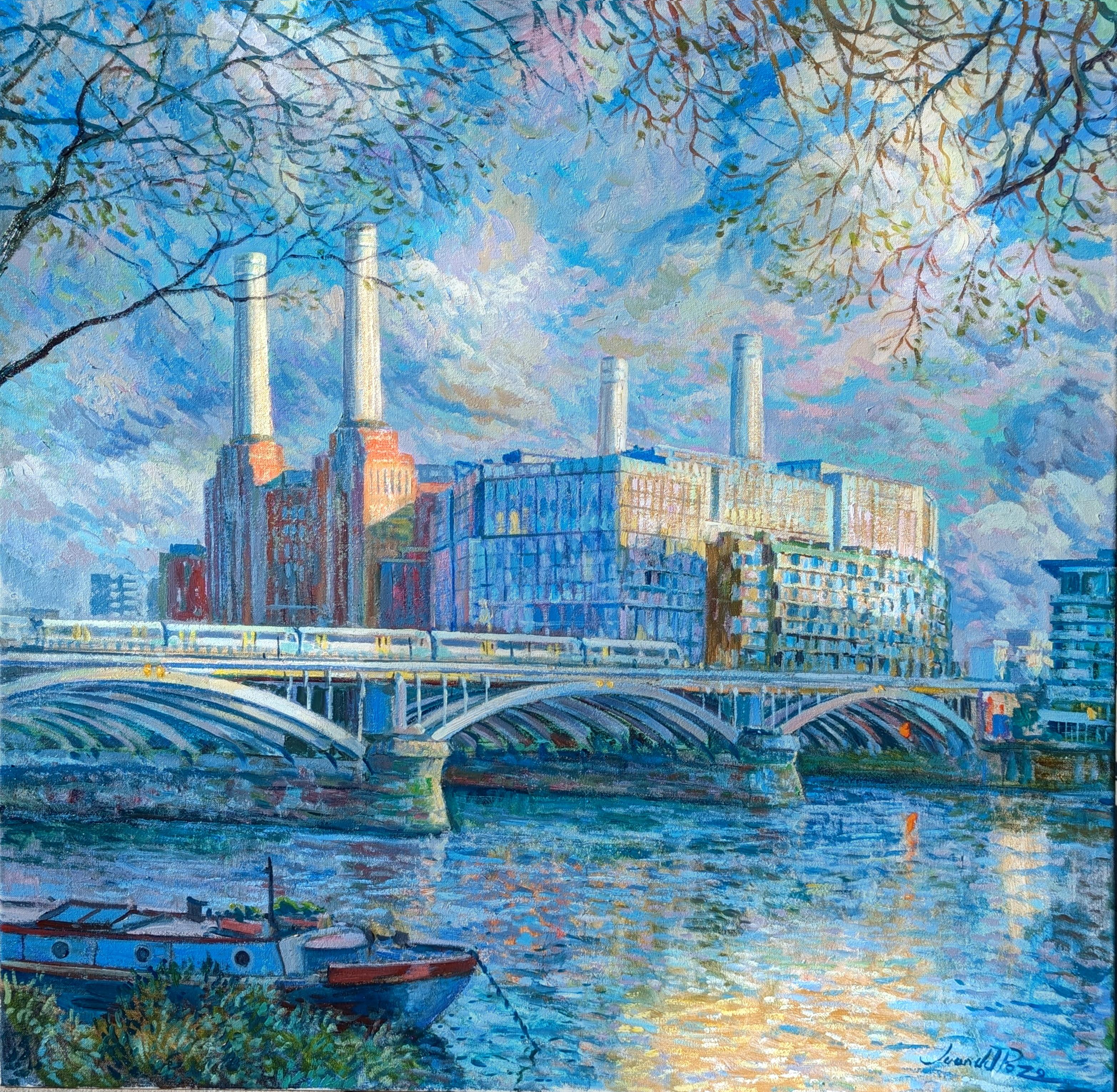 Landscape Painting Juan del Pozo - Grosvenor Bridge - peinture à l'huile originale impressionniste figurative de paysage urbain