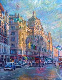 Harrods - London cityscape original oil painting urban figurative artwork modern