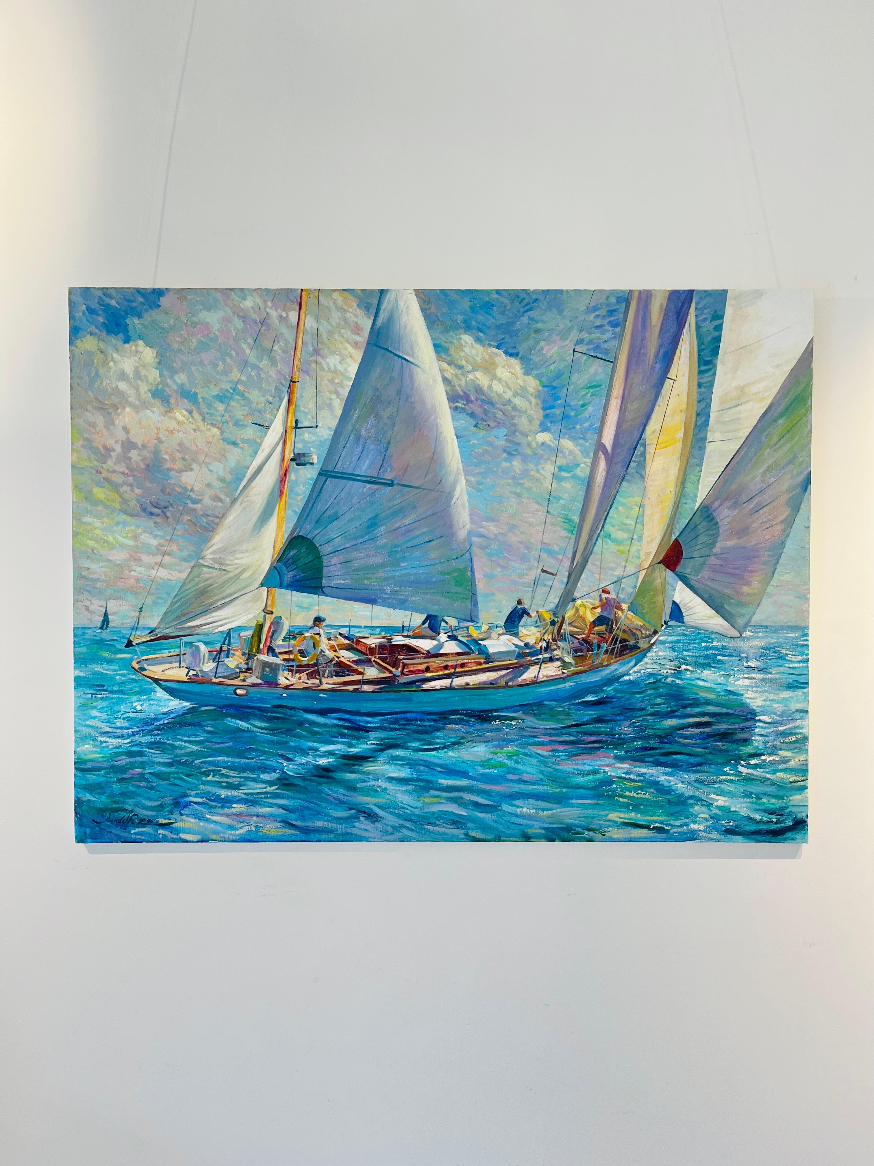 Headsail - paesaggio marino originale impressionista contemporaneo studio di vela figurativo - Painting di Juan del Pozo