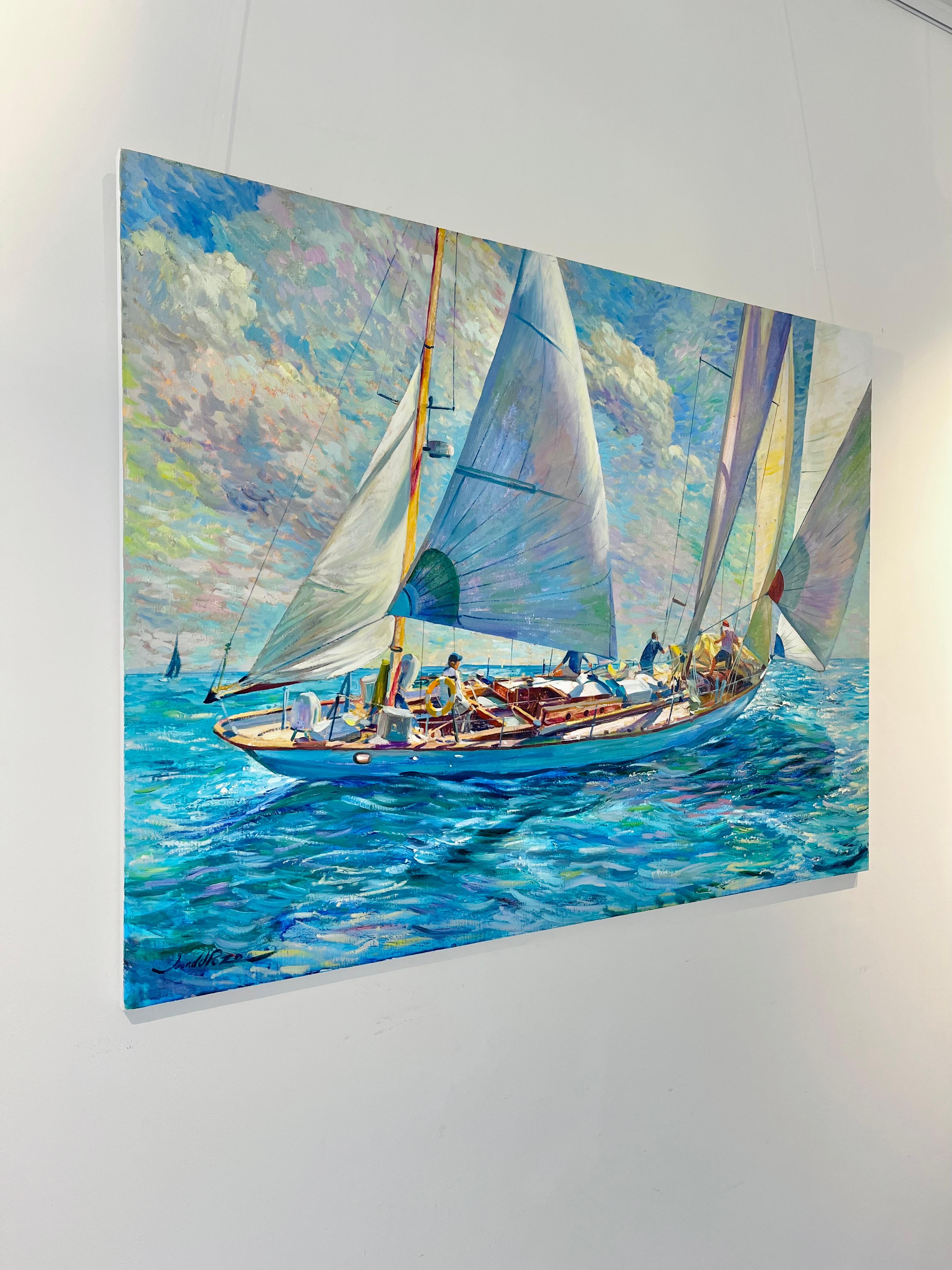 Headsail - paesaggio marino originale impressionista contemporaneo studio di vela figurativo - Painting Impressionismo di Juan del Pozo
