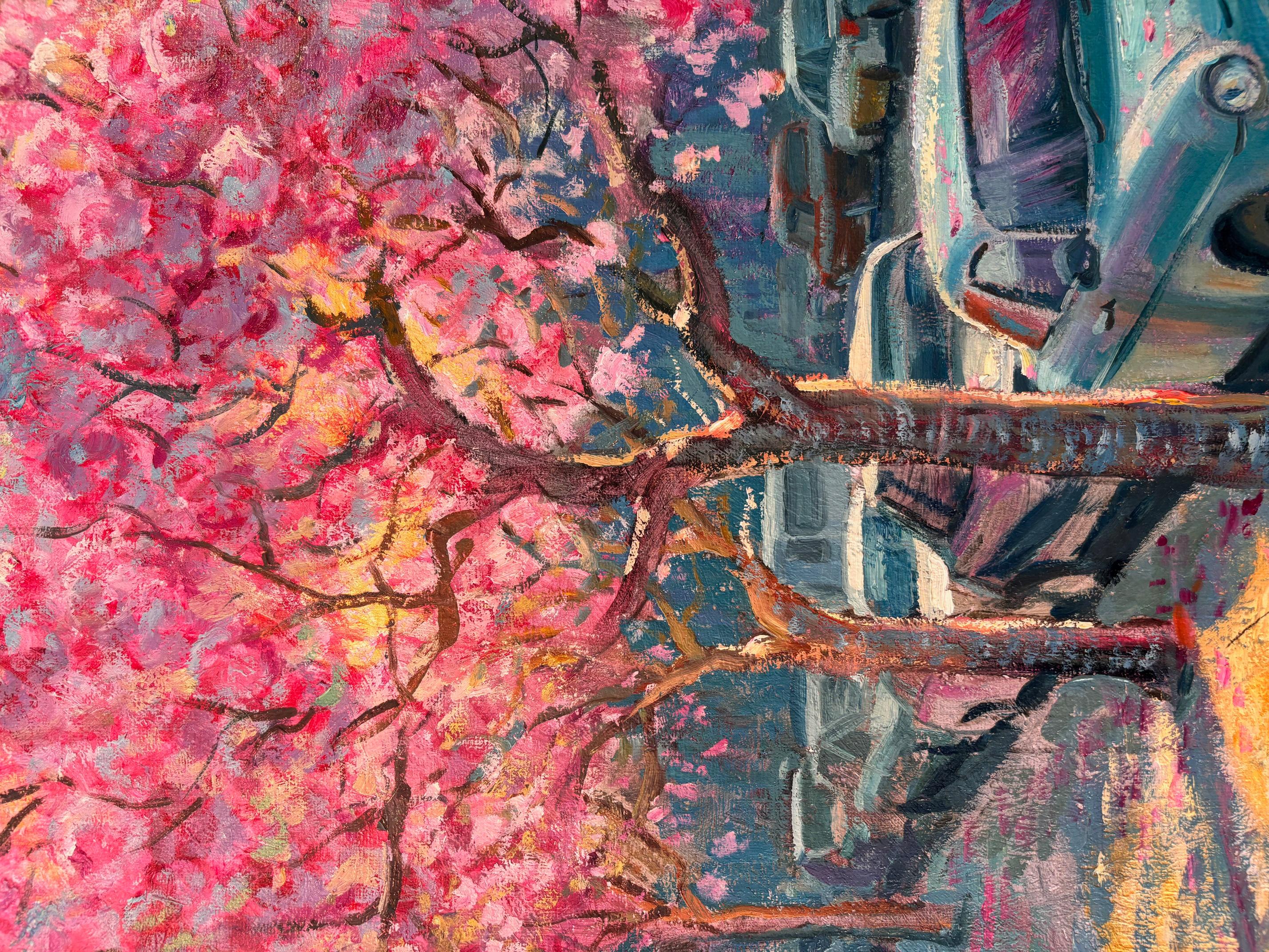 Kensington Blossoms - original impressionistisches figuratives Stadtbild Ölgemälde (Grau), Landscape Painting, von Juan del Pozo
