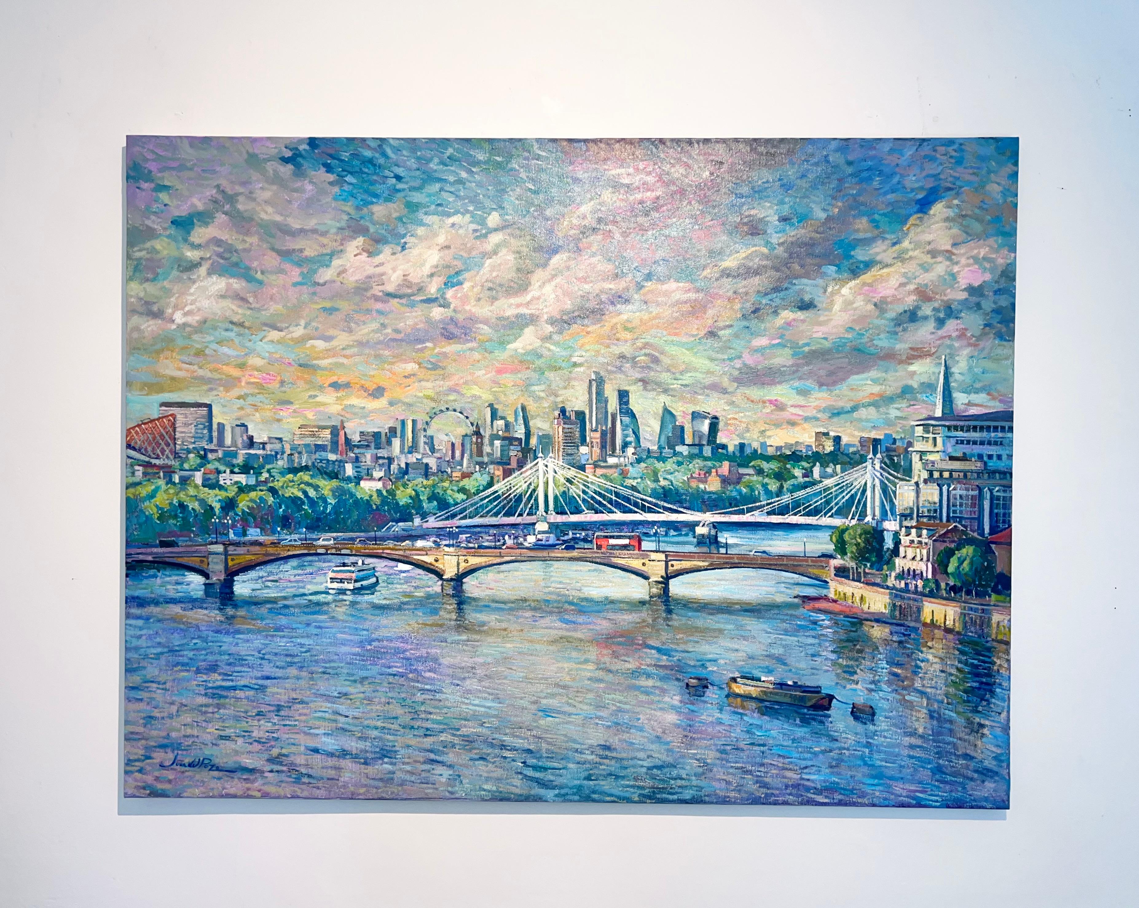 Puentes de Londres -Pintura al óleo de paisajes urbanos del impresionismo original-Arte contemporáneo - Painting Impresionista de Juan del Pozo