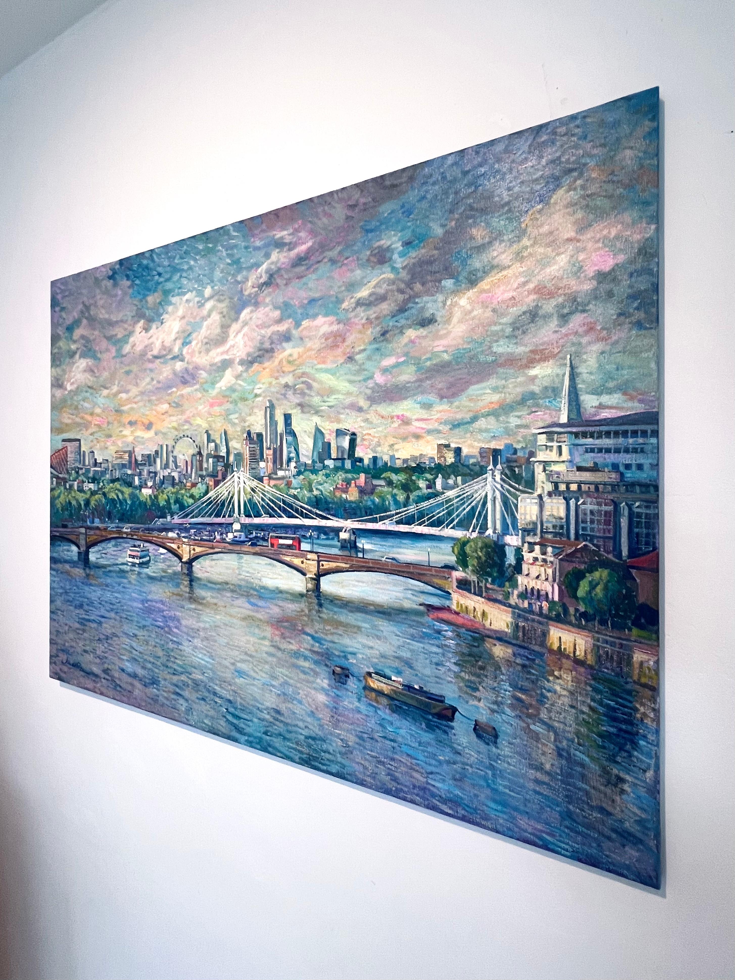 Puentes de Londres -Pintura al óleo de paisajes urbanos del impresionismo original-Arte contemporáneo - Landscape Painting Gris de Juan del Pozo