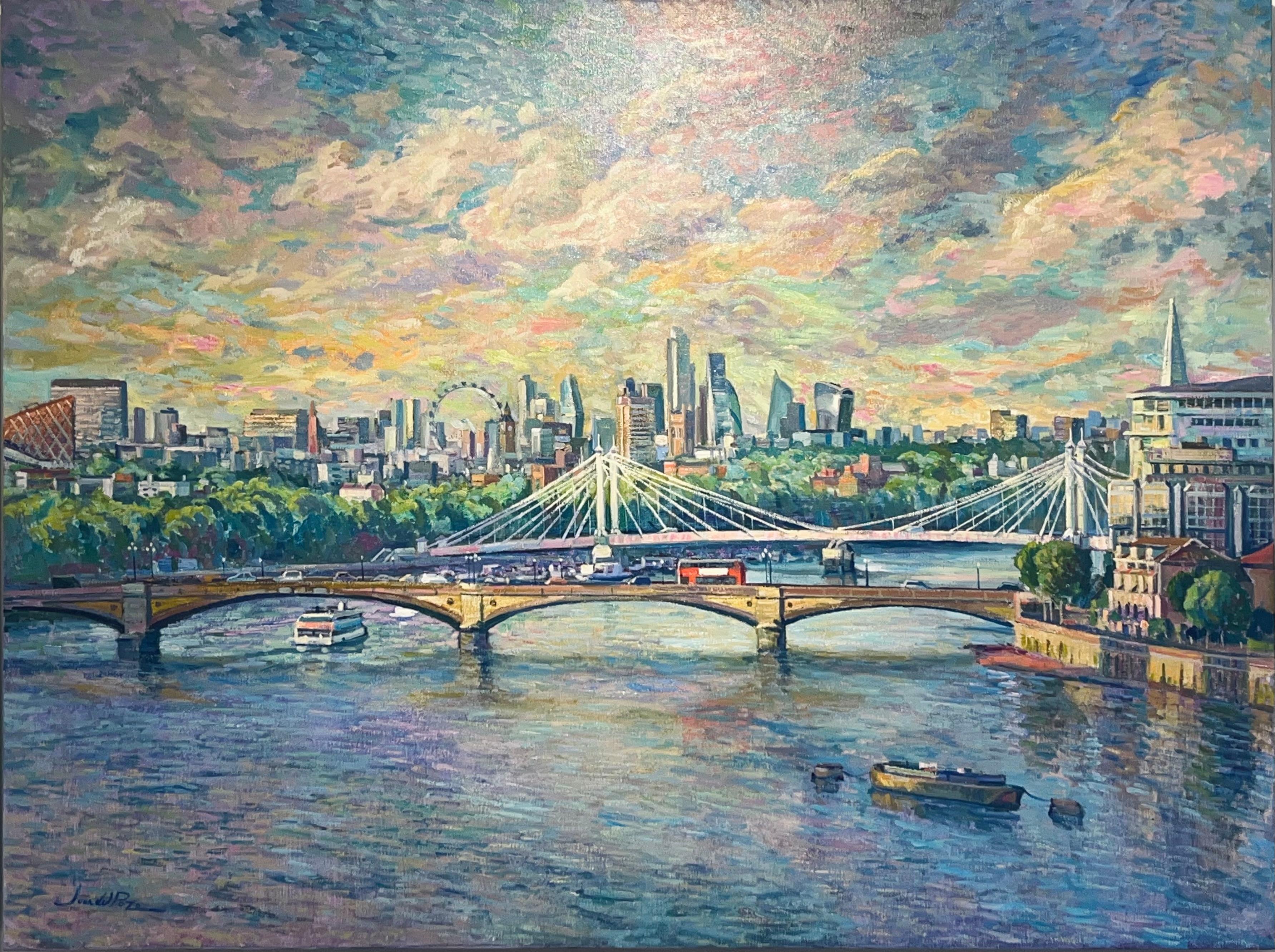 Landscape Painting de Juan del Pozo - Puentes de Londres -Pintura al óleo de paisajes urbanos del impresionismo original-Arte contemporáneo