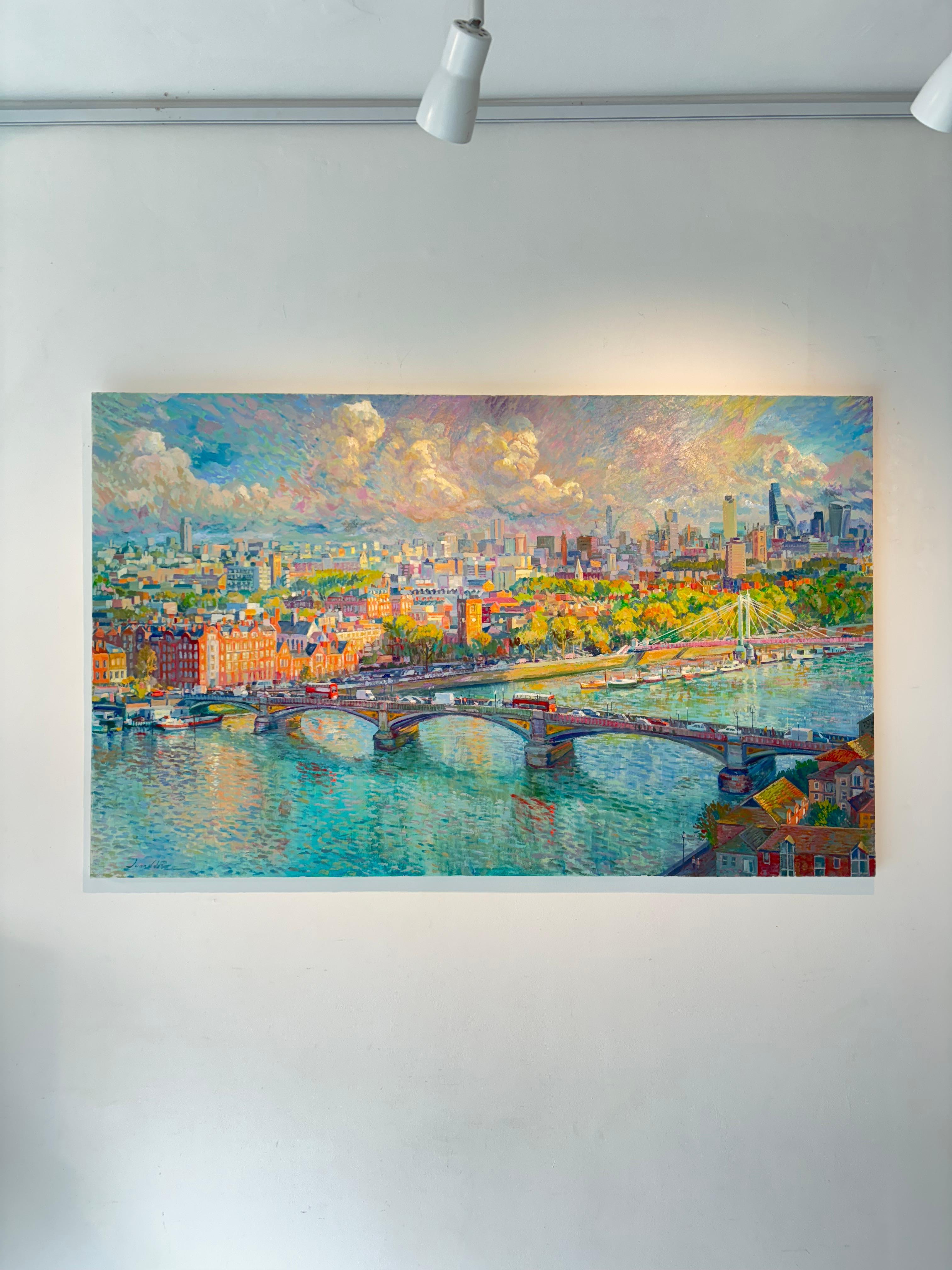Cielo de Londres - pintura al óleo original impresionismo paisaje urbano- arte contemporáneo - Painting de Juan del Pozo