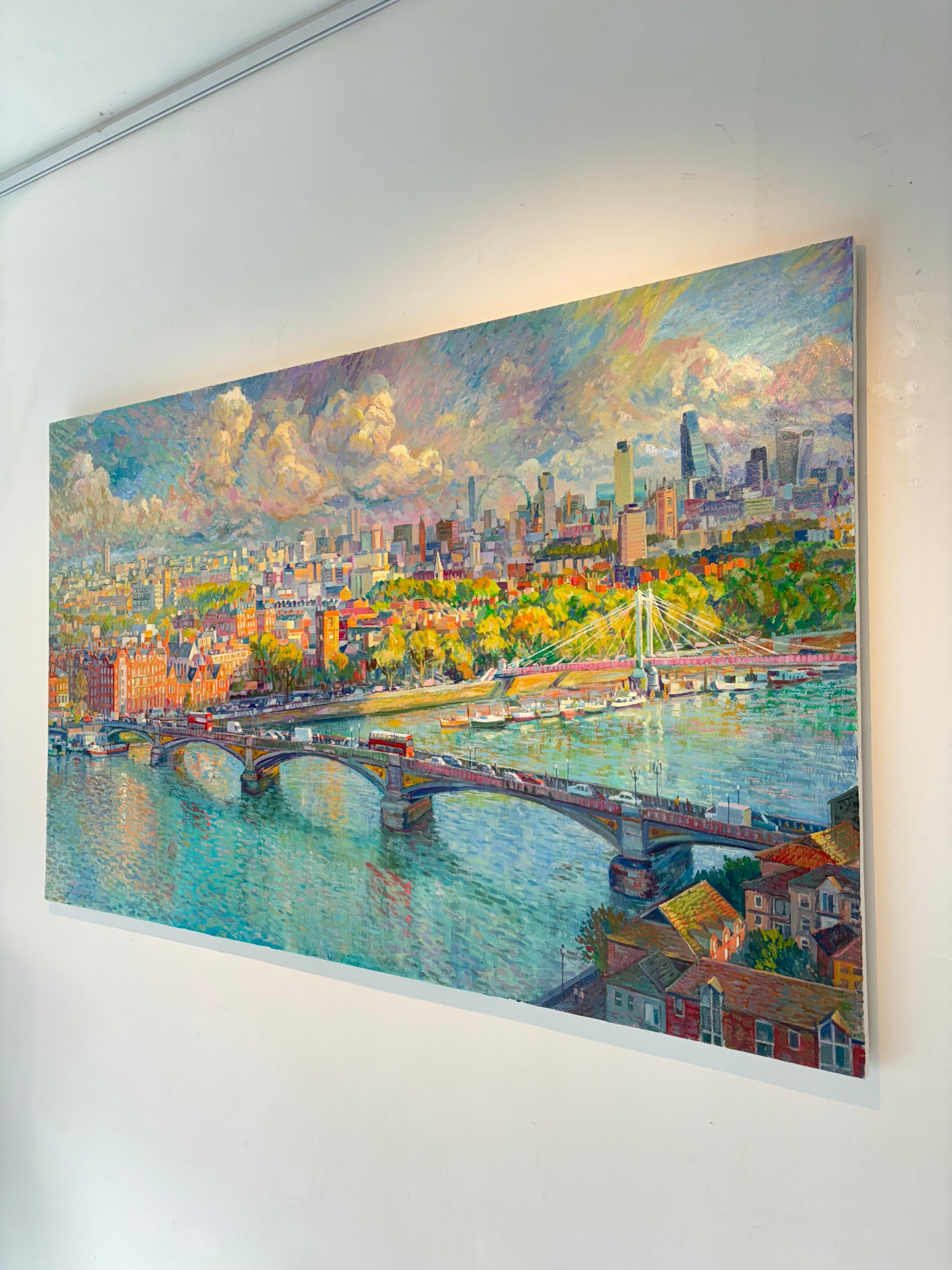 Cielo de Londres - pintura al óleo original impresionismo paisaje urbano- arte contemporáneo - Abstract Painting Gris de Juan del Pozo