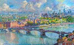 Cielo di Londra - pittura ad olio originale di paesaggi urbani dell'impressionismo - arte contemporanea