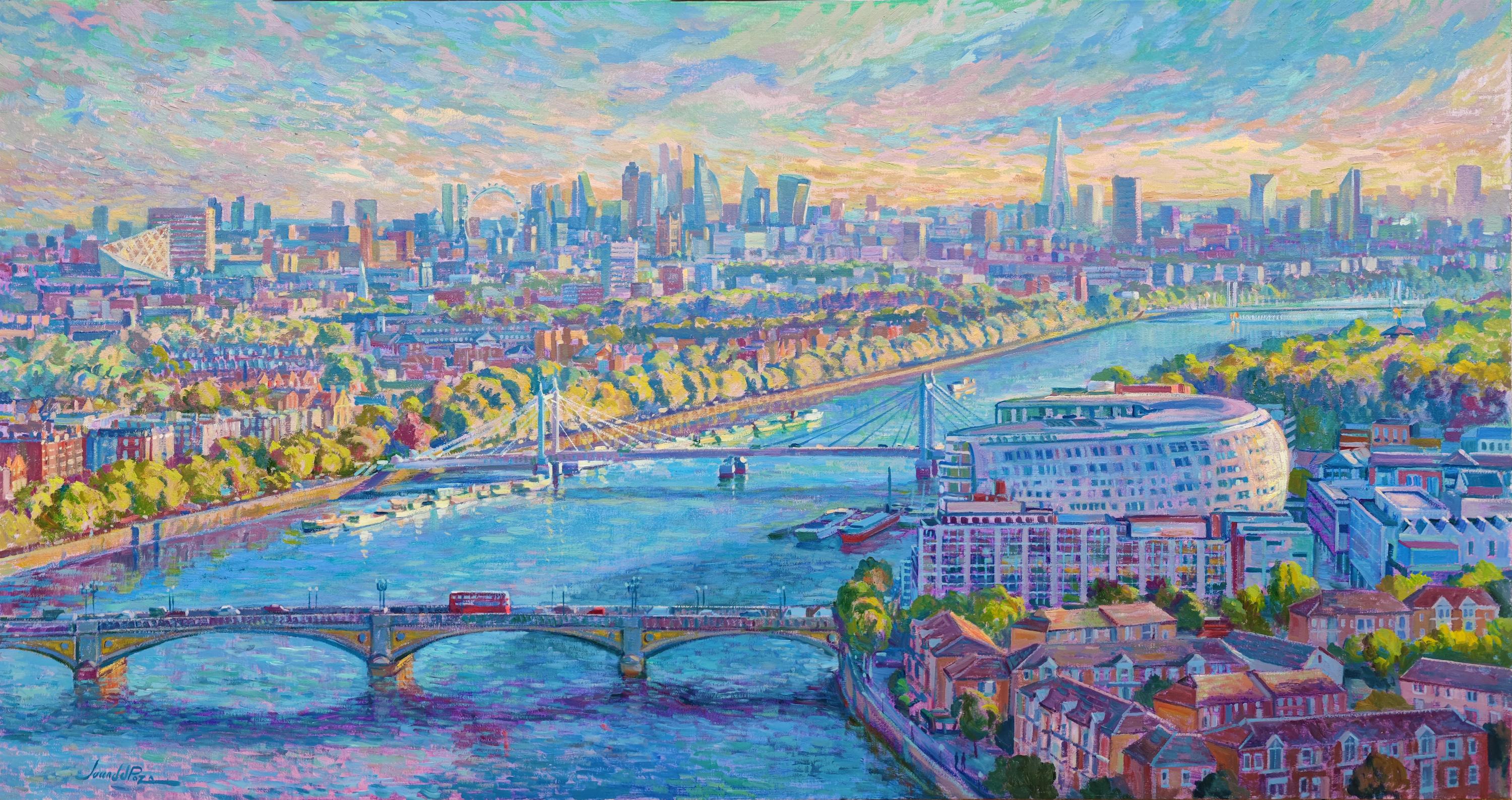 Juan del Pozo Figurative Painting - London Skyline - original impressionism oil painting-modern cityscape Art
