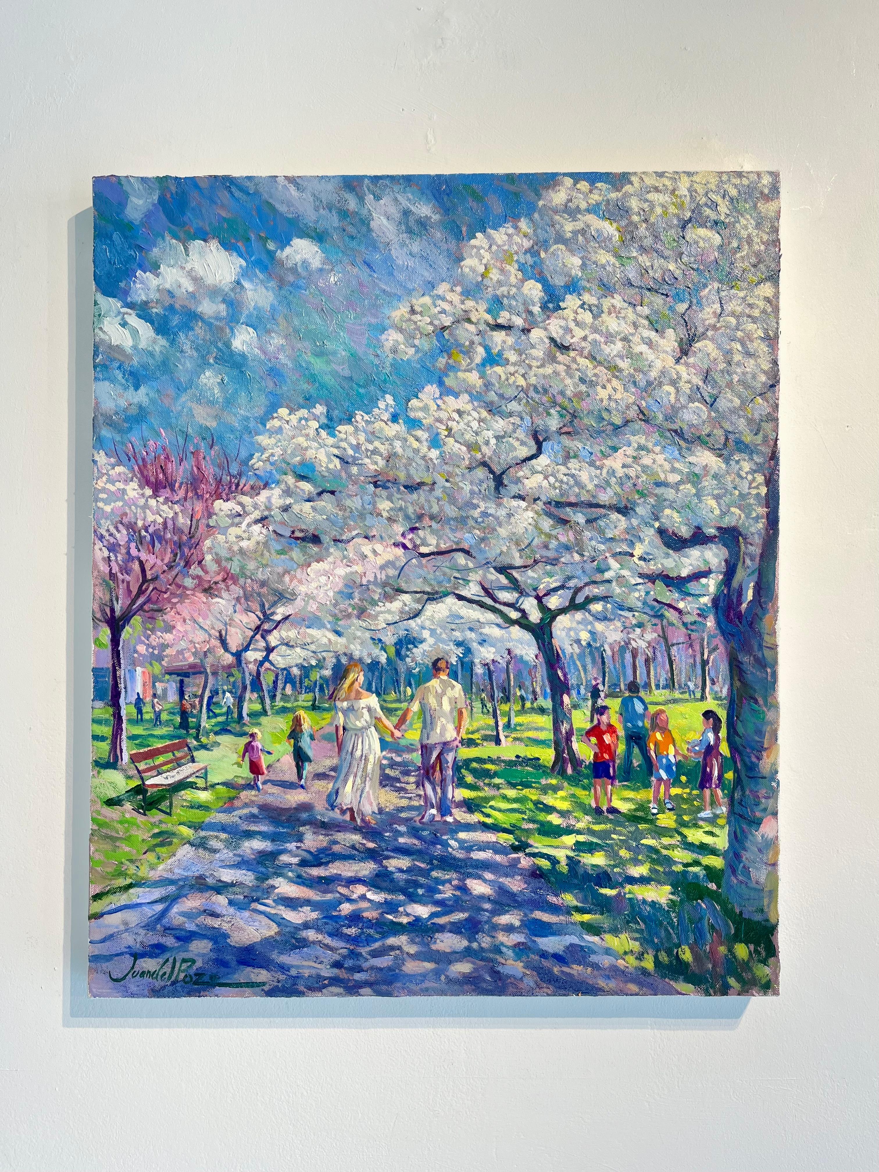 Liebespaar - Blüten im Frühling Original Impressionismus Stadtbild Ölgemälde – Painting von Juan del Pozo