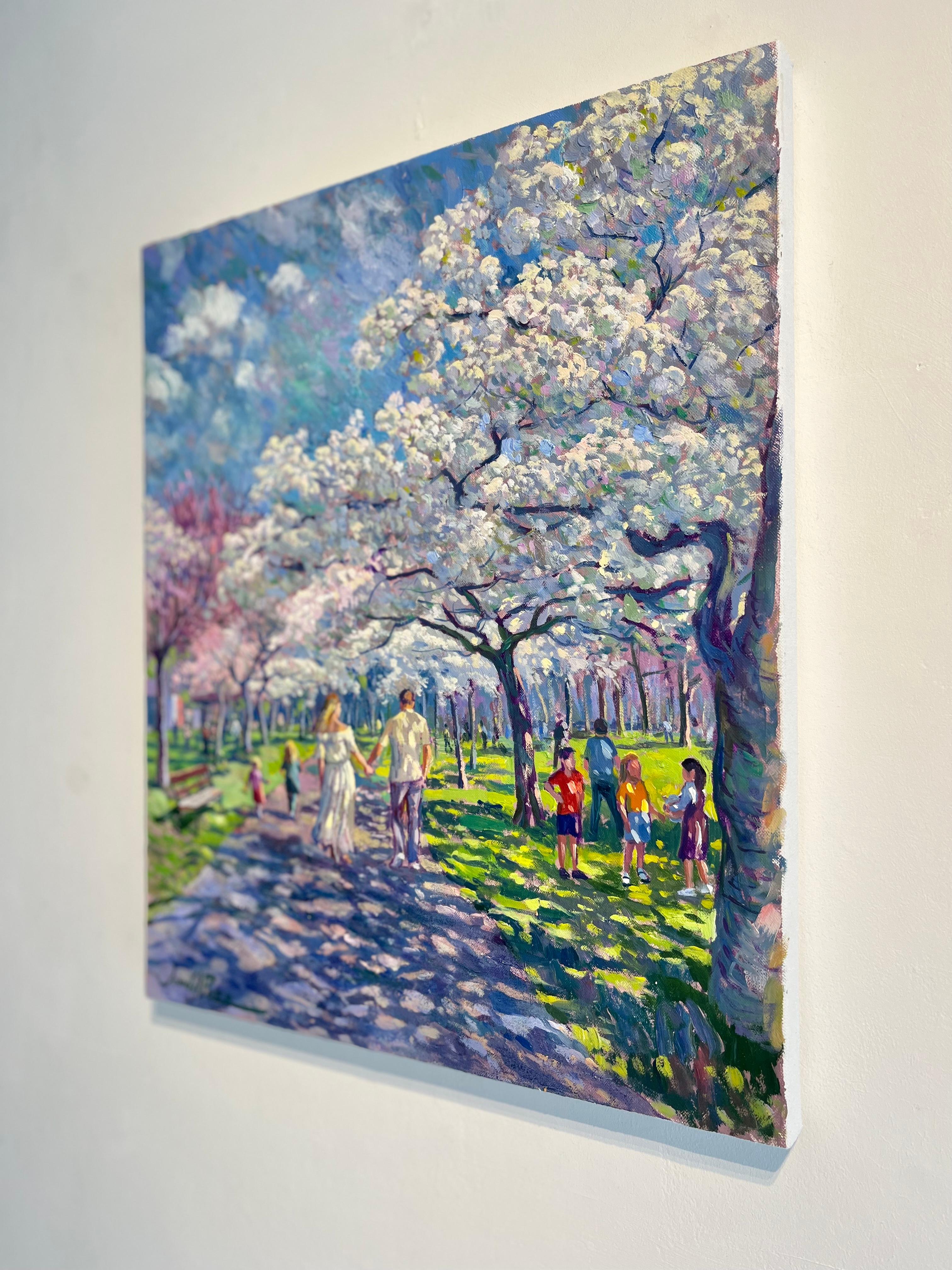 Liebespaar - Blüten im Frühling Original Impressionismus Stadtbild Ölgemälde (Grau), Landscape Painting, von Juan del Pozo