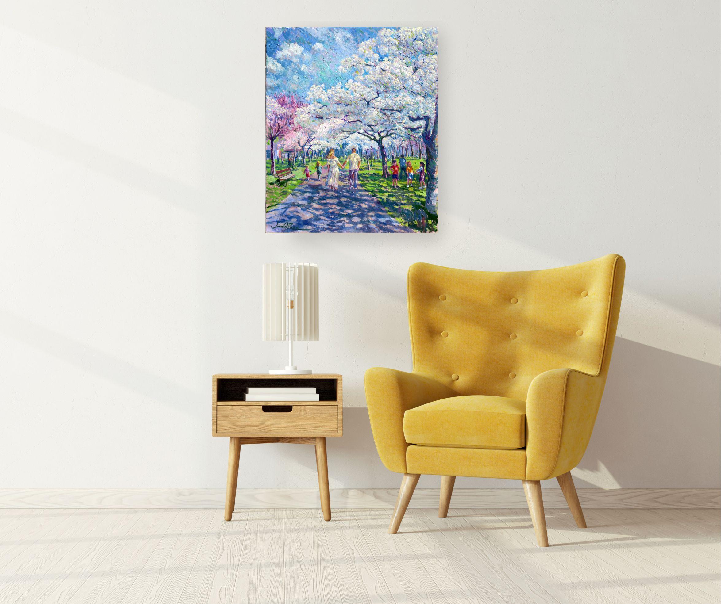Liebespaar - Blüten im Frühling Original Impressionismus Stadtbild Ölgemälde im Angebot 1