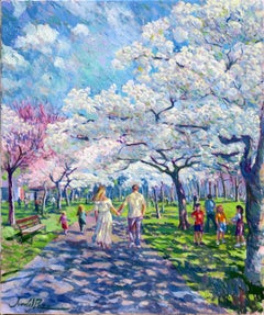 Juan del Pozo - Lovers - Blossoms Springtime peinture à l'huile impressionniste originale paysage urbain Lovers - Blossoms Springtime peinture à l'huile impressionniste originale paysage urbain