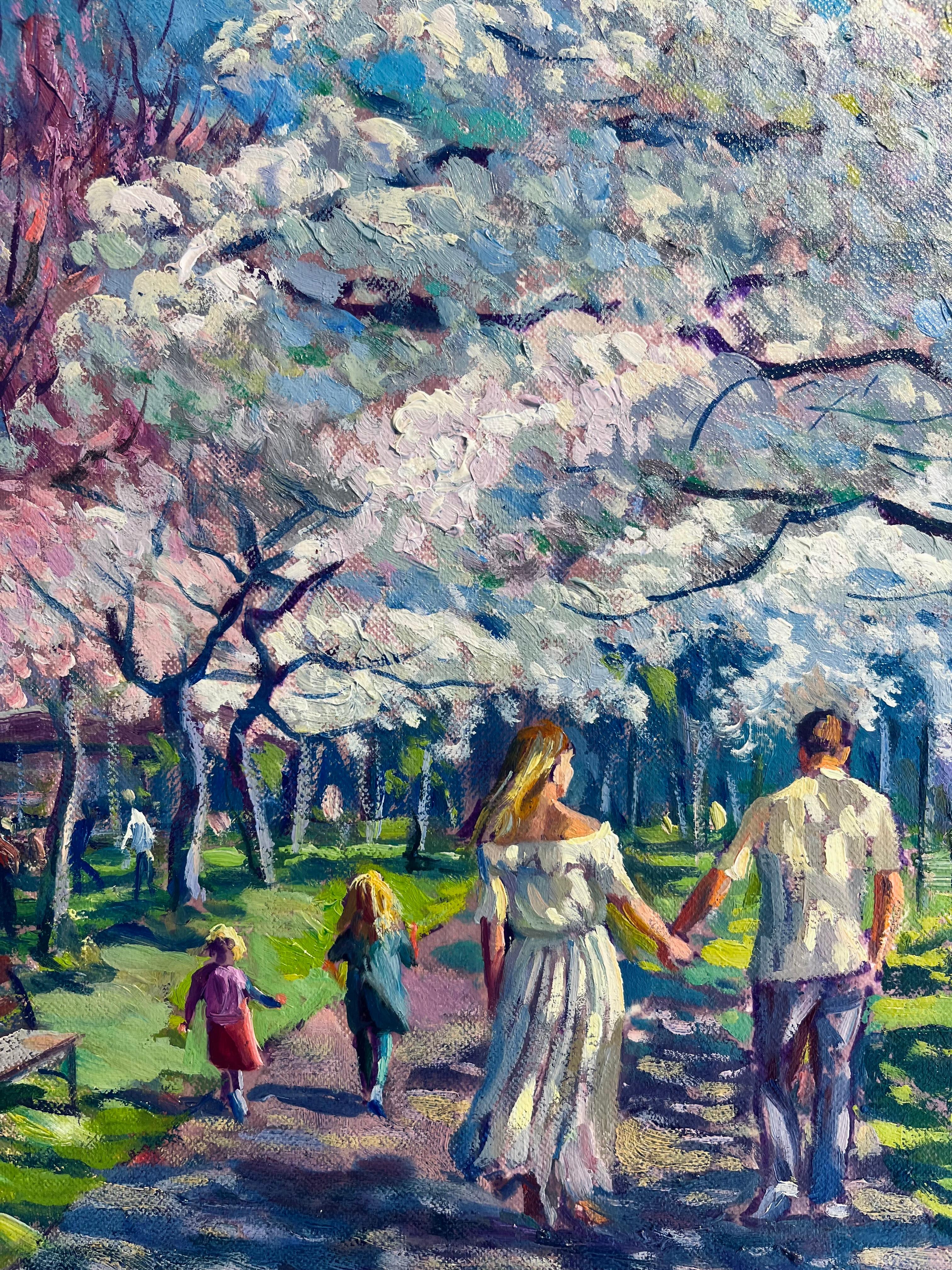 Amantes-impresionismo original paisaje urbano floral pintura al óleo-arte contemporáneo - Landscape Painting Gris de Juan del Pozo