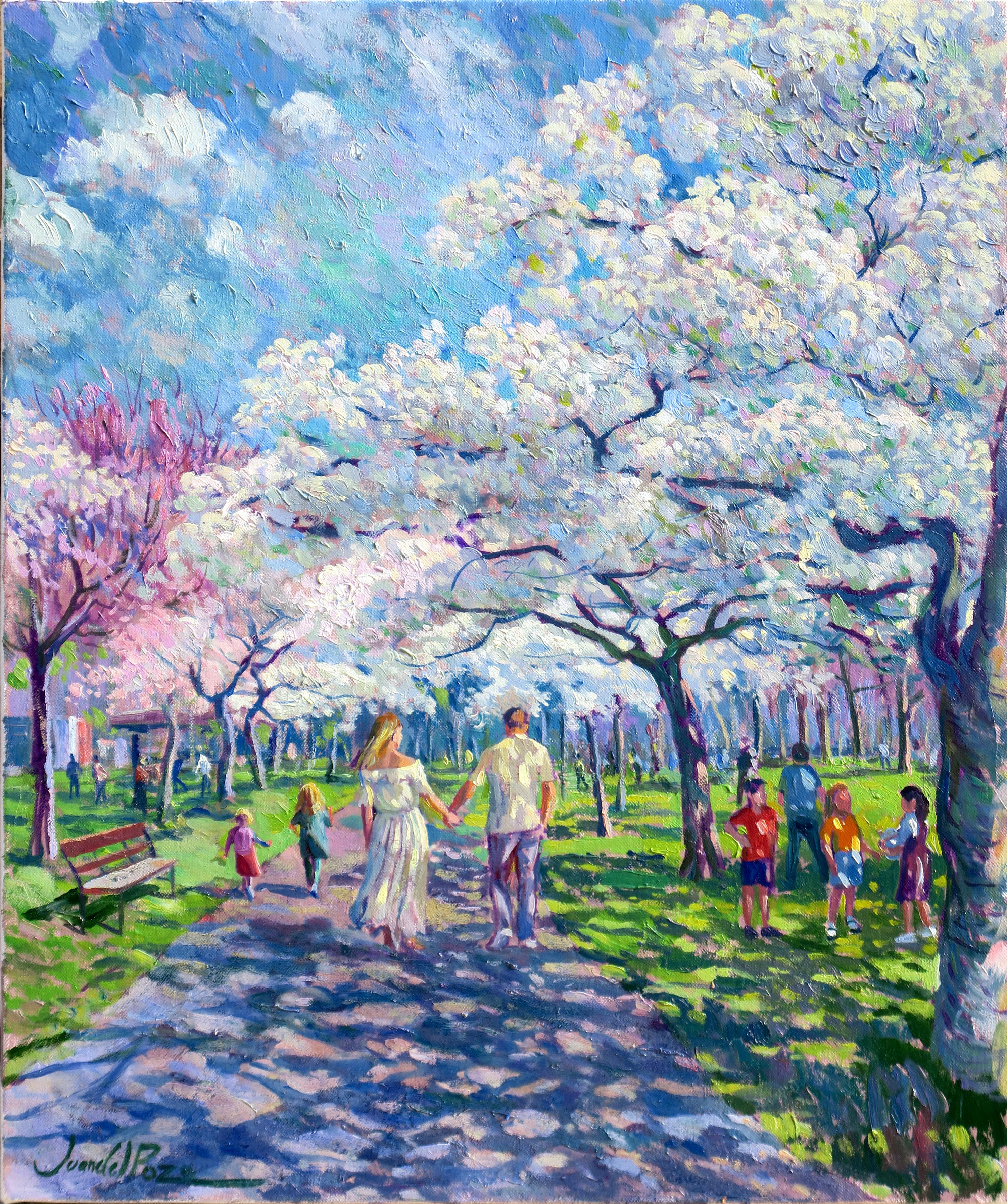 Landscape Painting de Juan del Pozo - Amantes-impresionismo original paisaje urbano floral pintura al óleo-arte contemporáneo