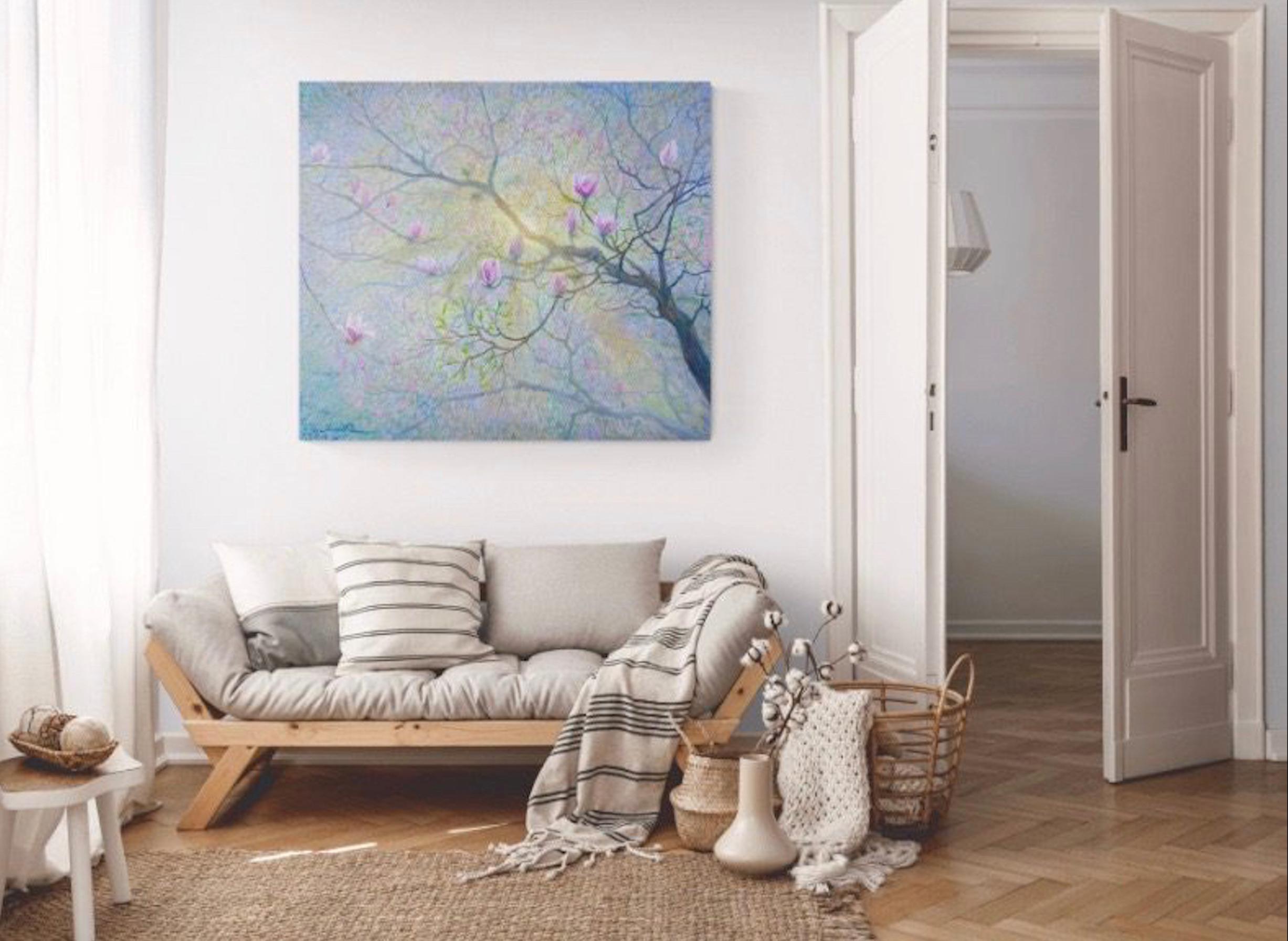 Magnolia-original impressionism blossoms landscape oil painting-contemporary art - Painting by Juan del Pozo