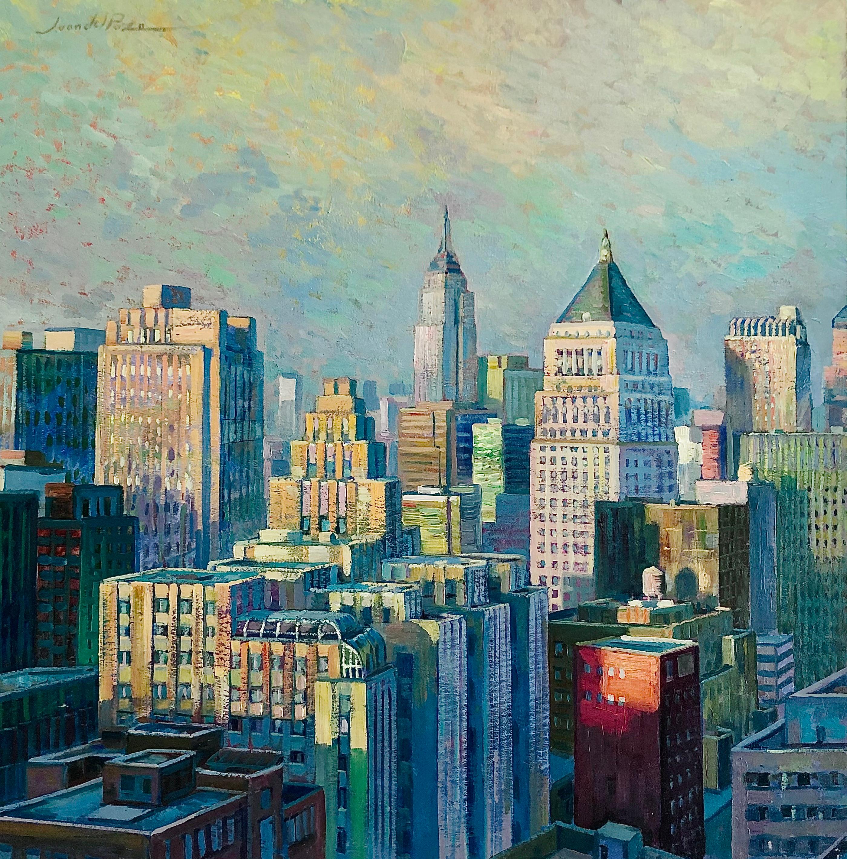 Manhattan Afternoon original New York landscape cityscape US Panorama painting - Gray Landscape Painting by Juan del Pozo