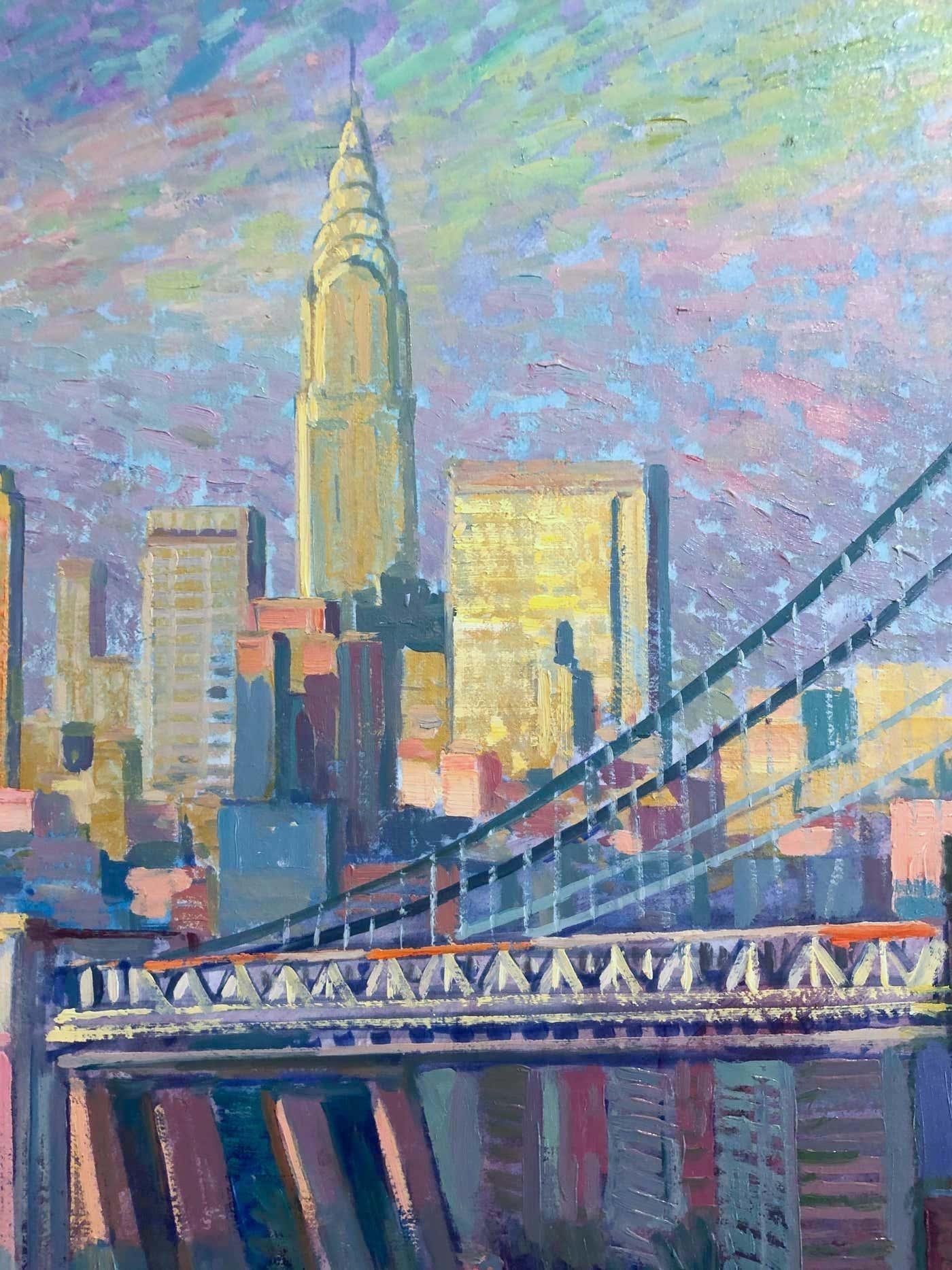 Manhattan Bridge, NYC-original impressionism cityscape painting-contemporary Art - Impressionist Painting by Juan del Pozo