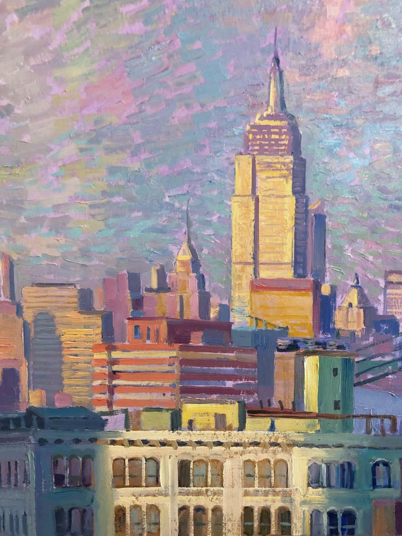 This original cityscape study by Juan Del Pozo creates an impression of the style and character associated with the renowned American setting. A myriad of impasto brush strokes intricately describes the architecture of the metropolis, evoking the