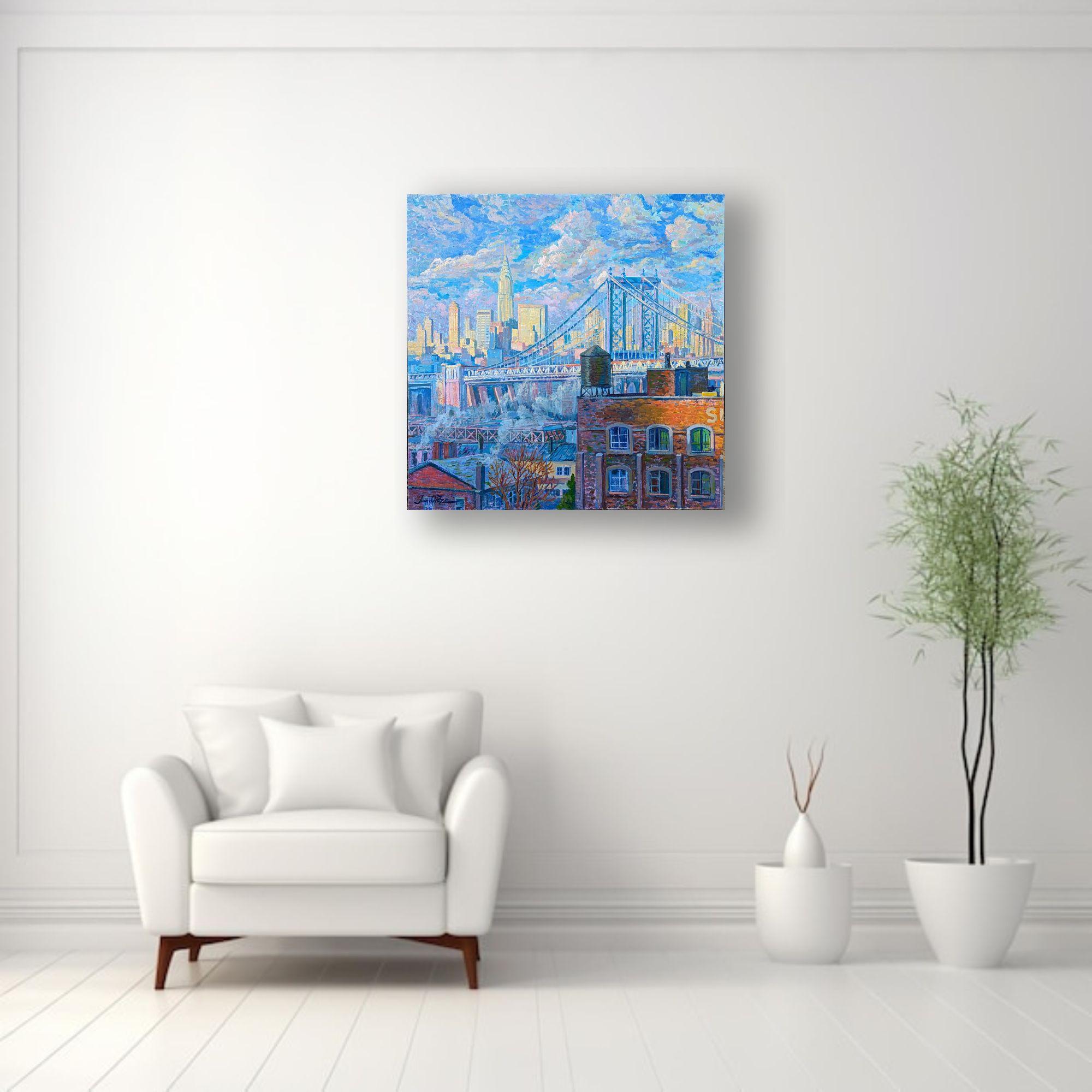 Puente de Manhattan-opinión al óleo paisaje urbano impresionismo original-arte moderno - Painting de Juan del Pozo